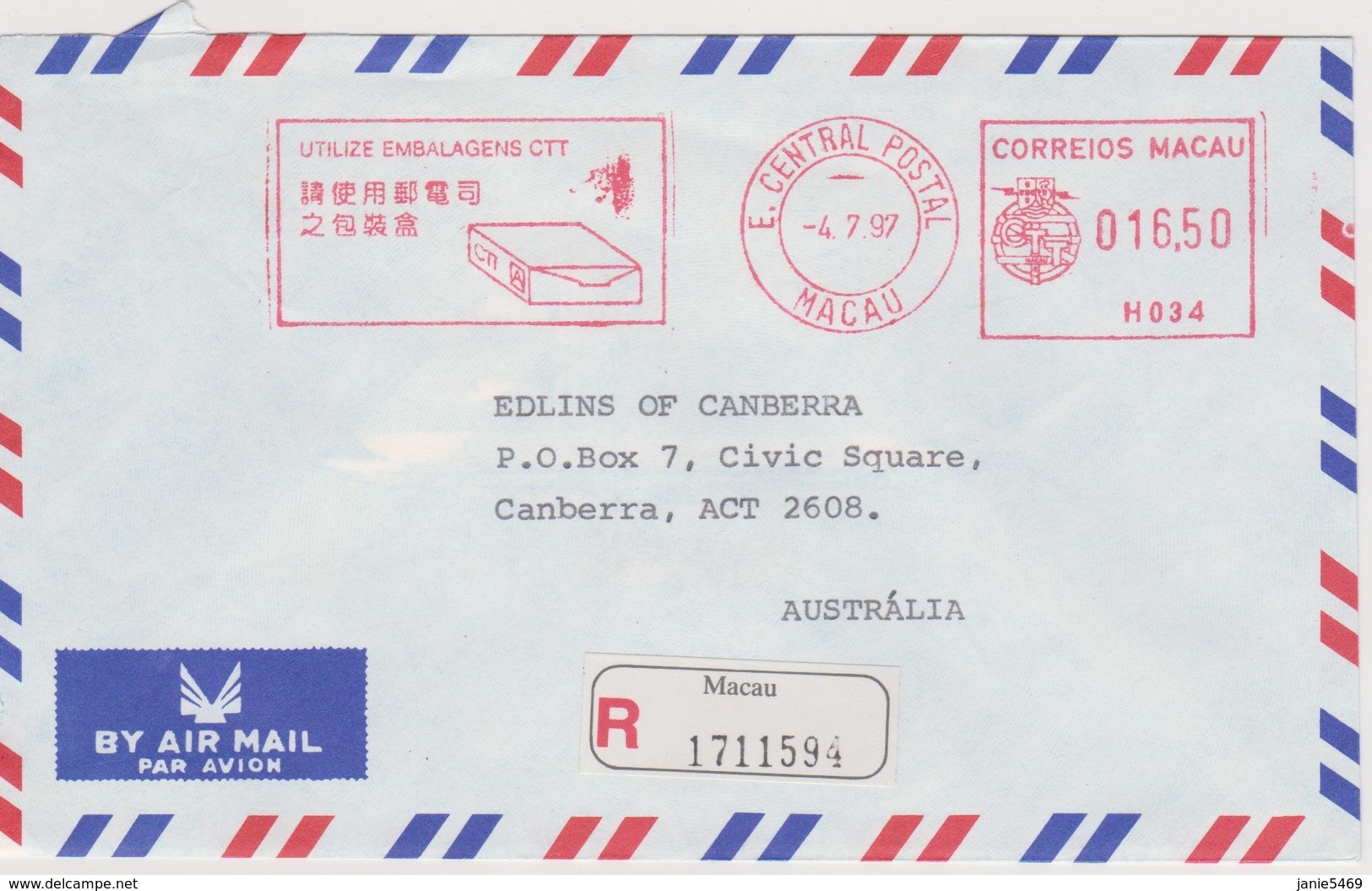 Macau 1997 Registered Mail Sent To Australia - Unused Stamps