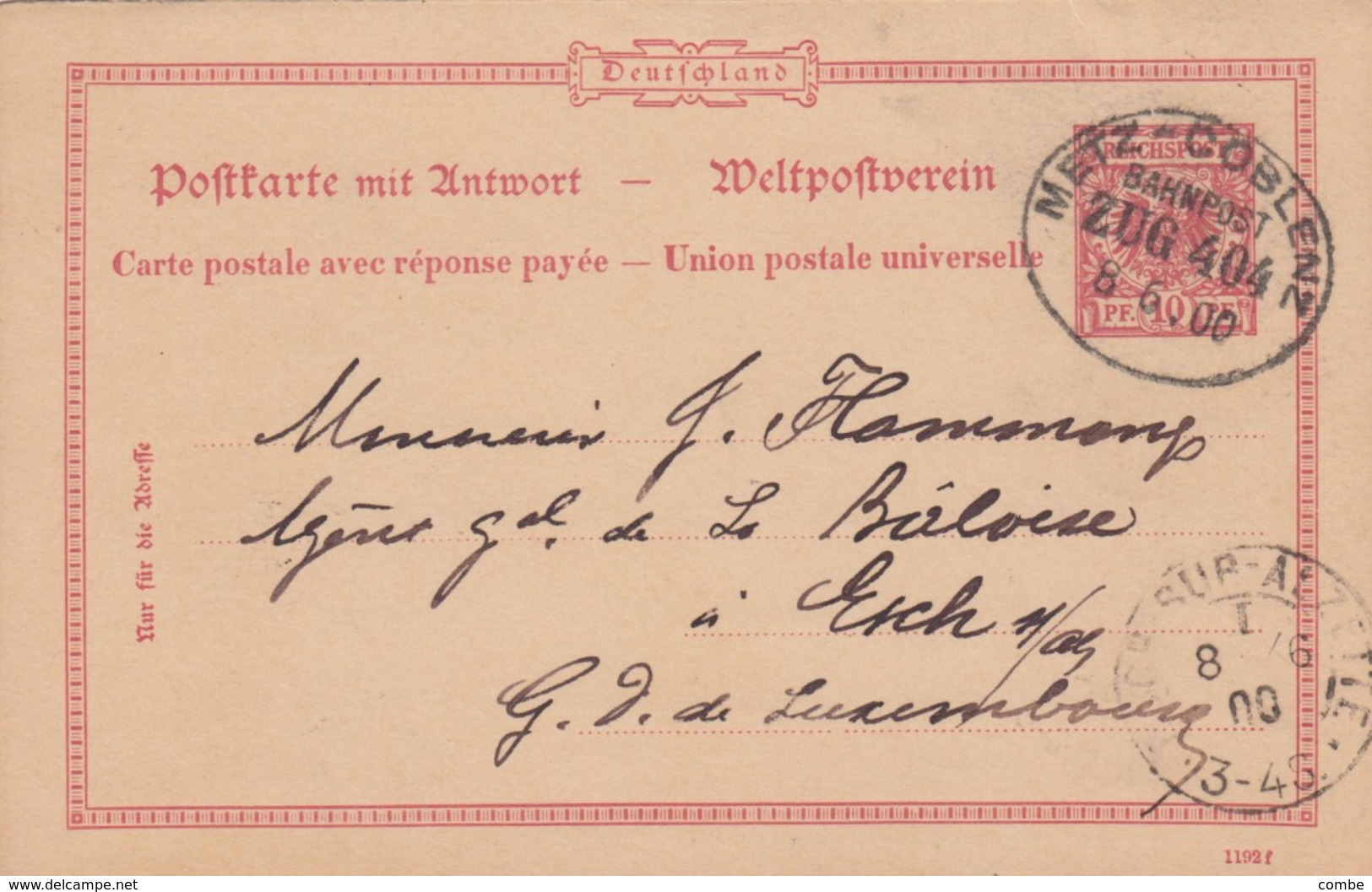 CARTE. 8 6 1900. DE APACH (SCIERCK). BAHNPOST METZ-COBLENZ POUR ESCH-SUR-ALZETTE LUXEMBOURG. - Lettres & Documents