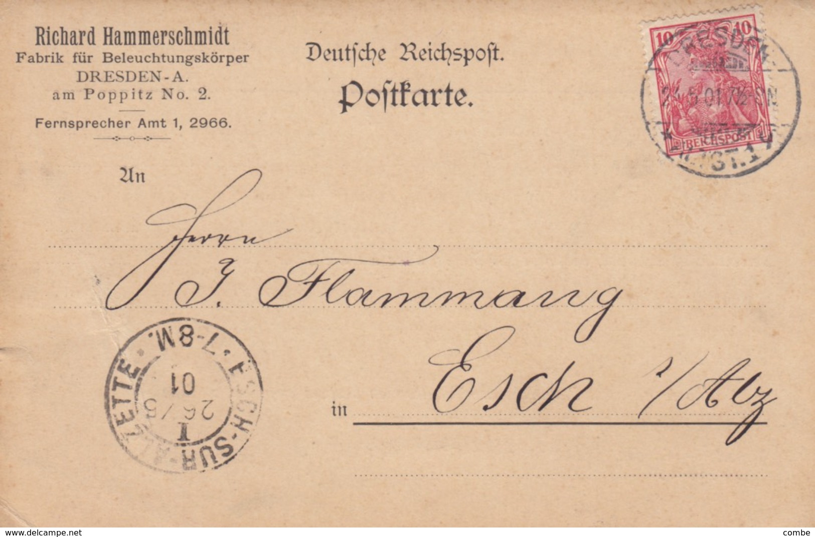 CARTE PRIVEE. 24 5 1901. RICHAR HAMMERSCHMIDT DRESDEN POUR ESCH SUR ALZETTE LUXEMBOURG - Lettres & Documents