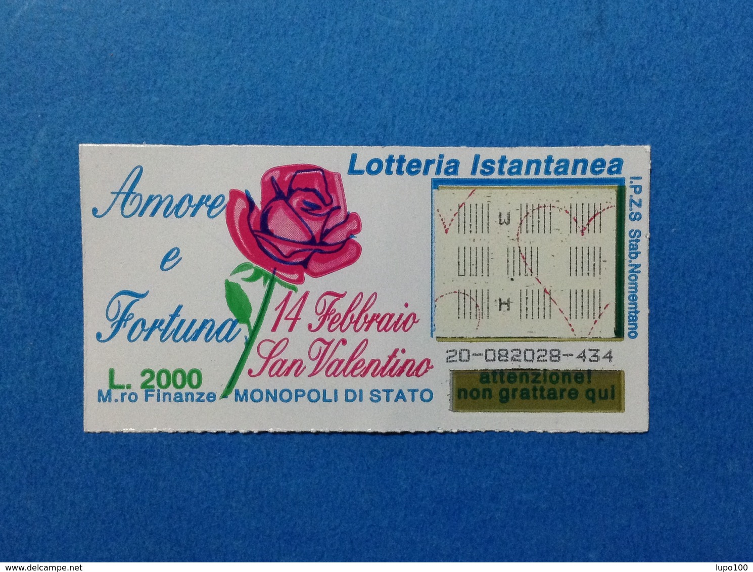 BIGLIETTO LOTTERIA ISTANTANEA GRATTA E VINCI USATO L. 2000 AMORE E FORTUNA SAN VALENTINO - Biglietti Della Lotteria