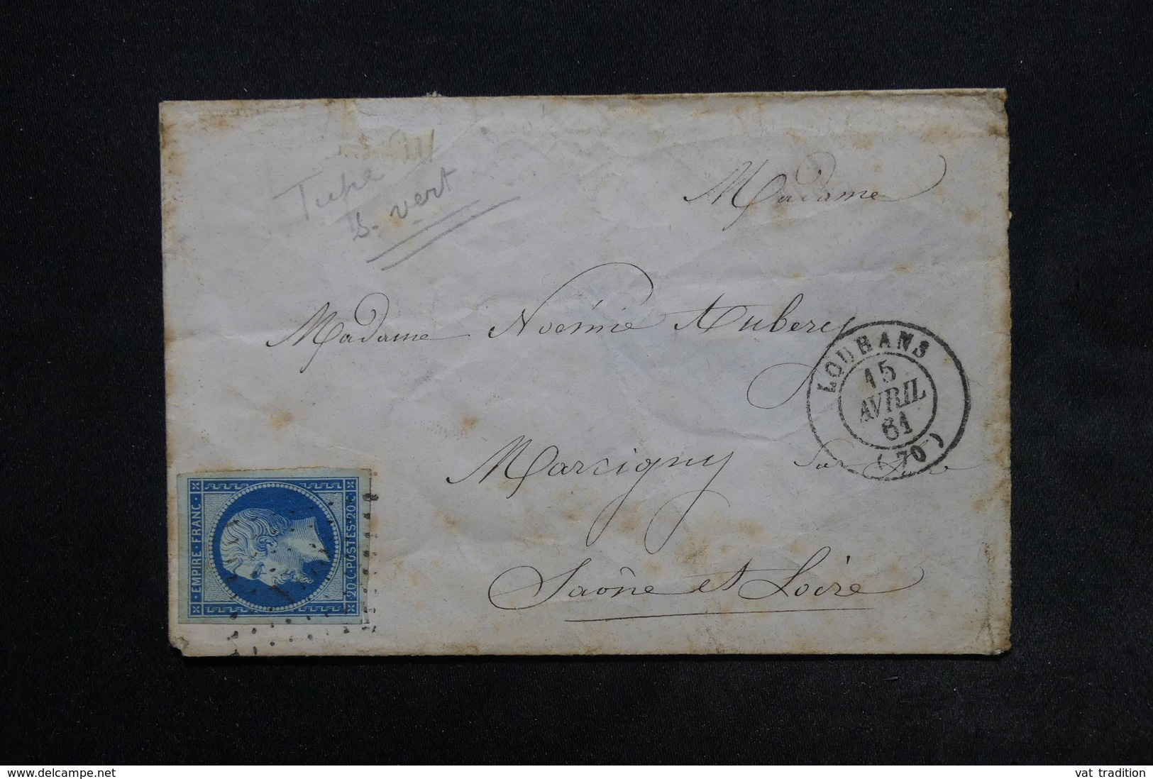 FRANCE - Enveloppe De Louhans Pour Marcigny En 1861 , Affranchissement Napoléon Type II Bleu Sur Vert - L 24511 - 1849-1876: Klassieke Periode