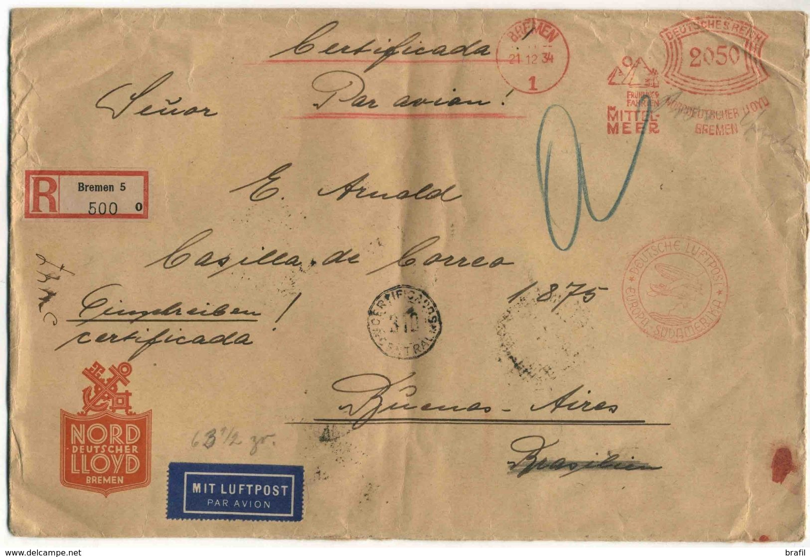 1934 Germania, Raccomandata Aerea Per L'argentina - Storia Postale