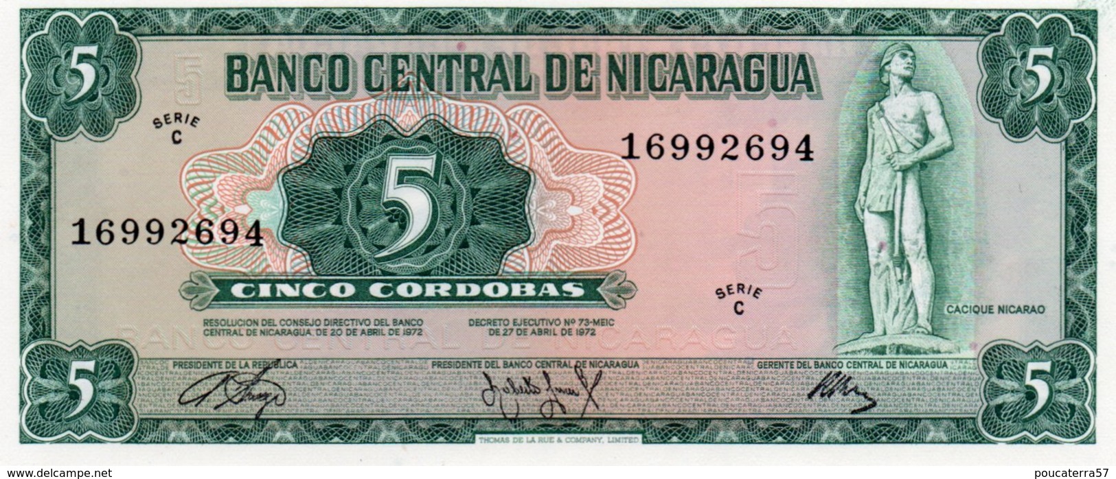 NICARAGUA=1972   5  CORDOBAS    P-122          UNC - Nicaragua
