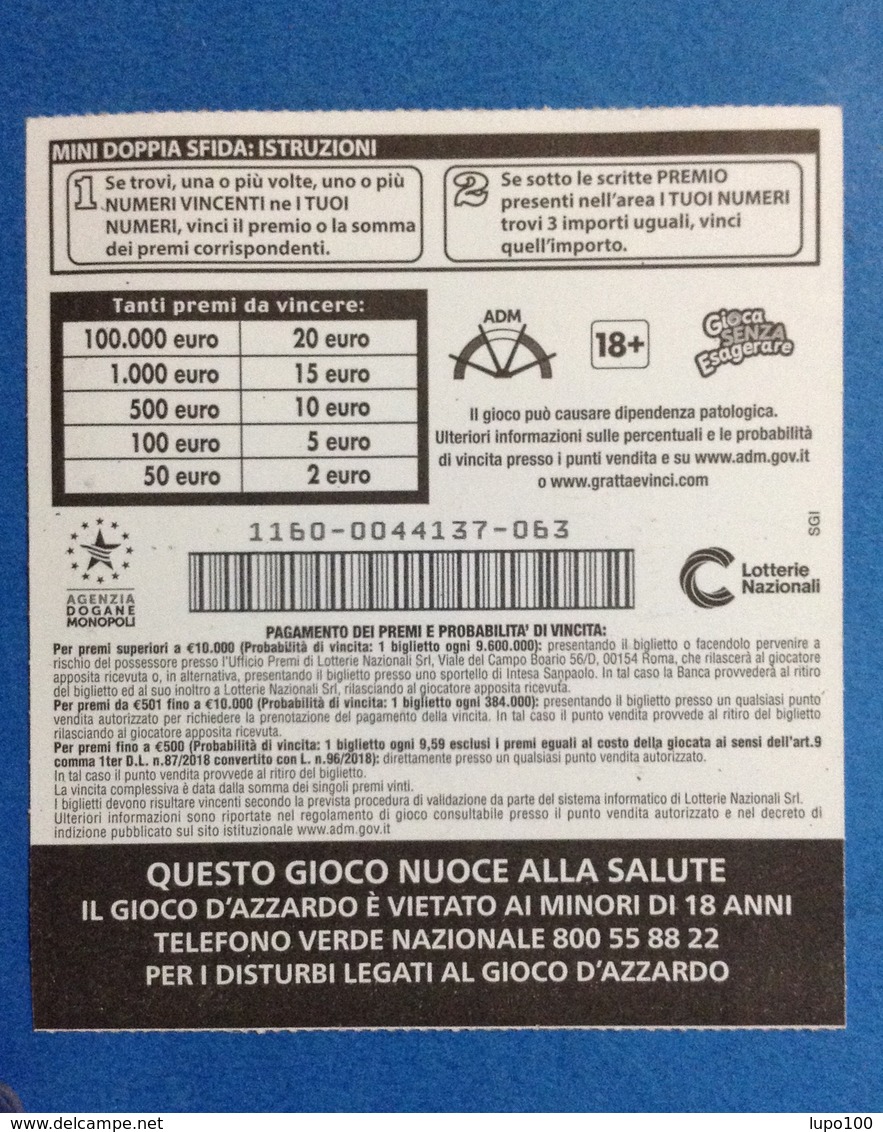 ITALIA BIGLIETTO LOTTERIA GRATTA E VINCI USATO € 2,00 MINI DOPPIA SFIDA LOTTO 1160 ITALY LOTTERY TICKET - Billetes De Lotería