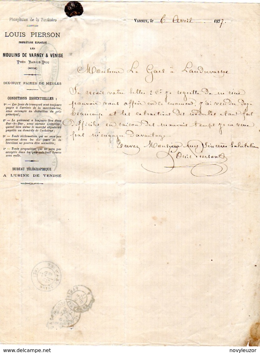 55  VARNEY Correspondance Moulins De VARNEY & VENISE L PIERSON 1877 - Autres & Non Classés