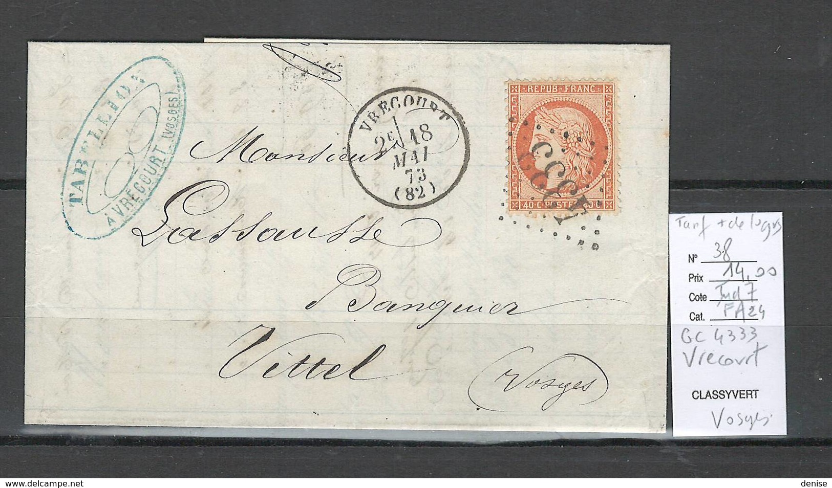 France - Lettre De VRECOURT - Vosges - GC 4333 - Yvert 38 - 1849-1876: Période Classique