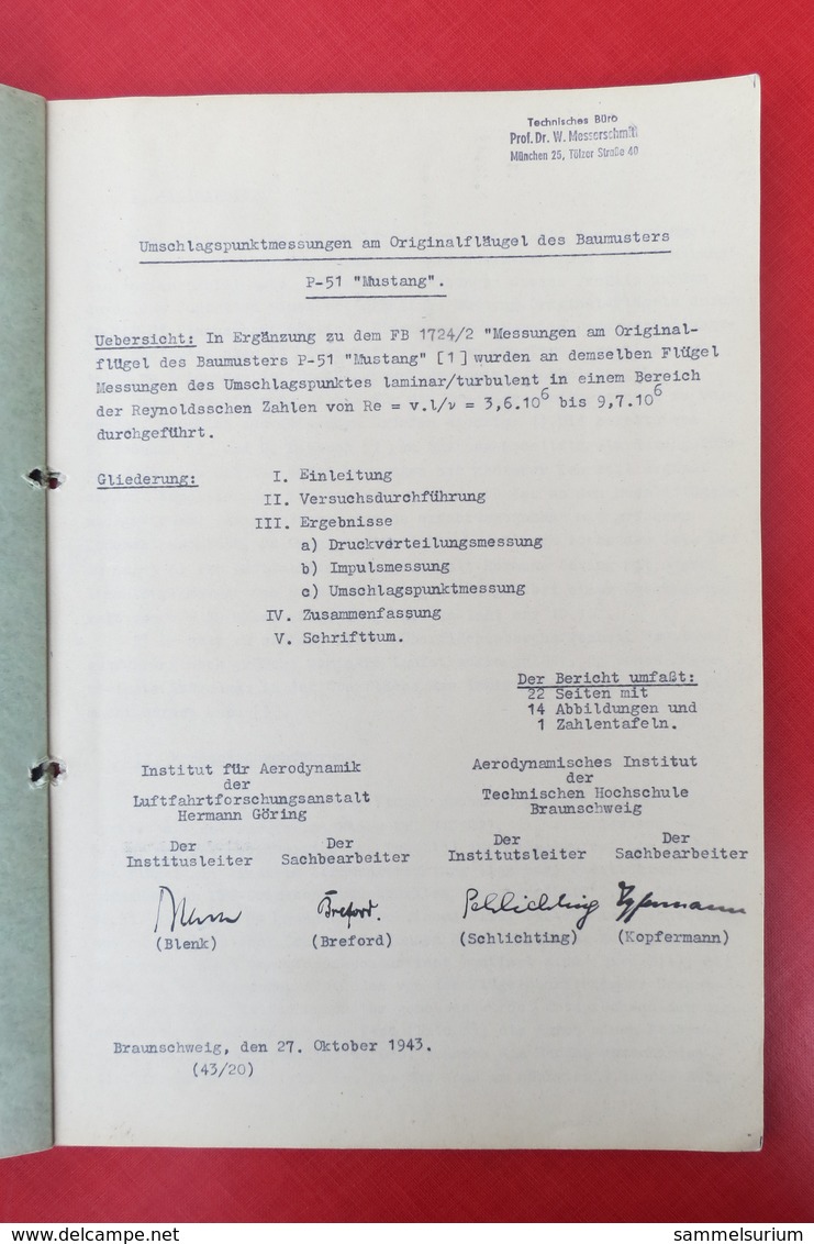 Luftfahrtforschungsanstalt Hermann Göring E.V. Umschlagpunktmessungen Am Originalflügel Baumuster P-51 Mustang Von 1943 - Militär & Polizei