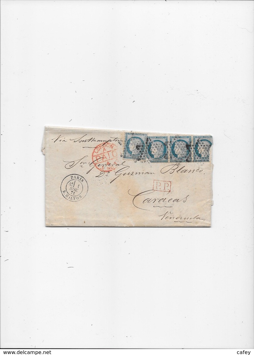 LETTRE FRANCE N° 60X4 Défectueux PARIS R.MILTON Pour CARACAS 1873 - Poste Maritime