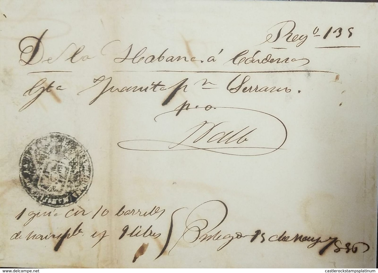 L) 1856 CUBA-CARIBE, REGISTRATION OF BOARDING WITH OFFICIAL WEDGE FROM HABANA TO CARDENAS, MARK IN NEGATIVE CUSTOMS OF - Cartas & Documentos
