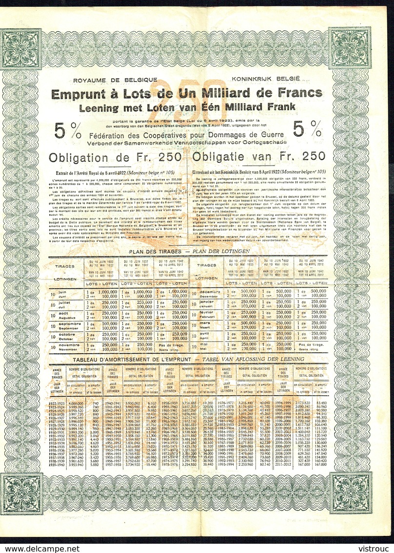 BE - Emprunt à Lots De Un Milliard De Francs - Obligation Au Porteur De 250,- Fr. - Other & Unclassified