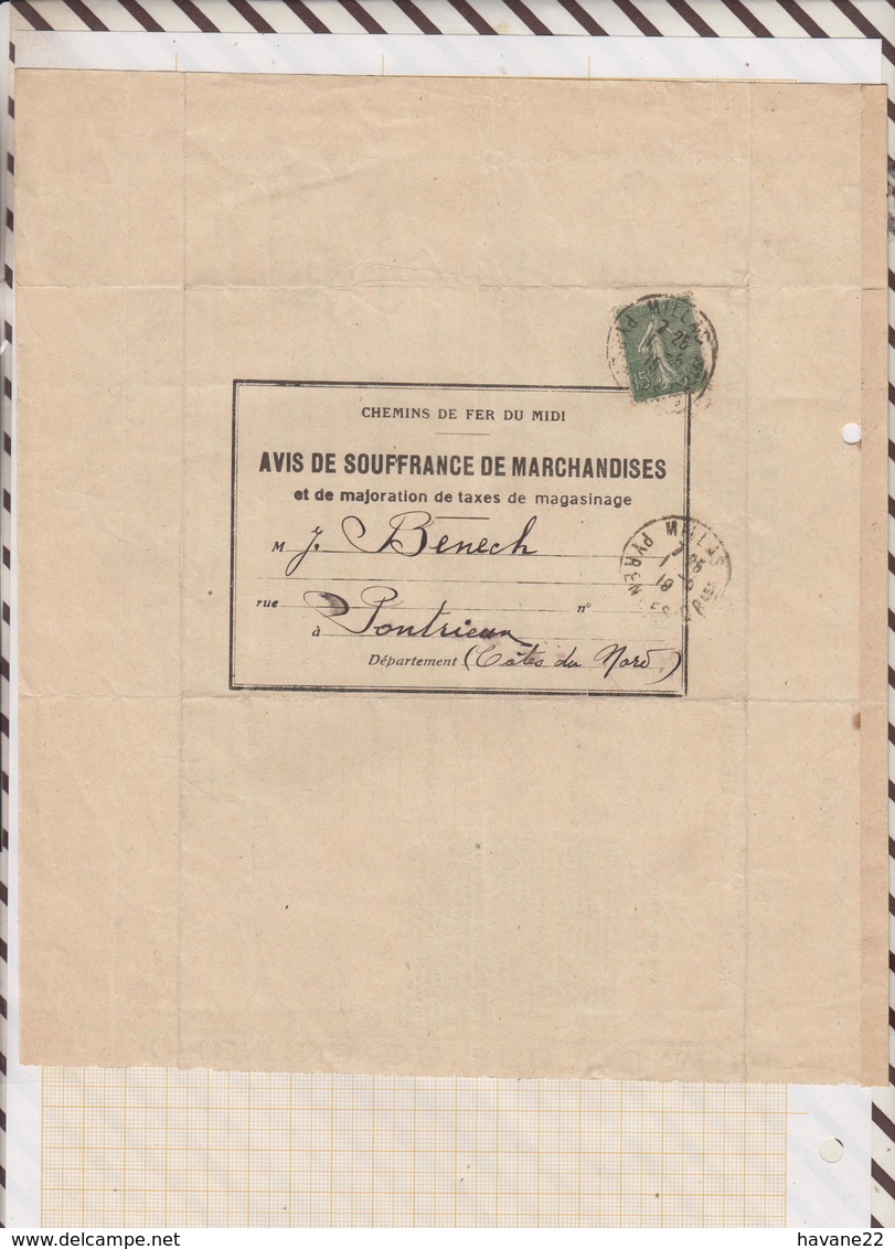 810233 CHEMINS DE FER MIDI AVIS DE SOUFFRANCE 1919 MILLAS - Autres & Non Classés