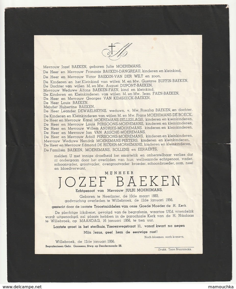 Doodsbrief Jozef BAEKEN Echtg. Moeremans Neerlinter 1883 Willebroek 1956 ( Familiën Bollens Eeraerts) - Décès