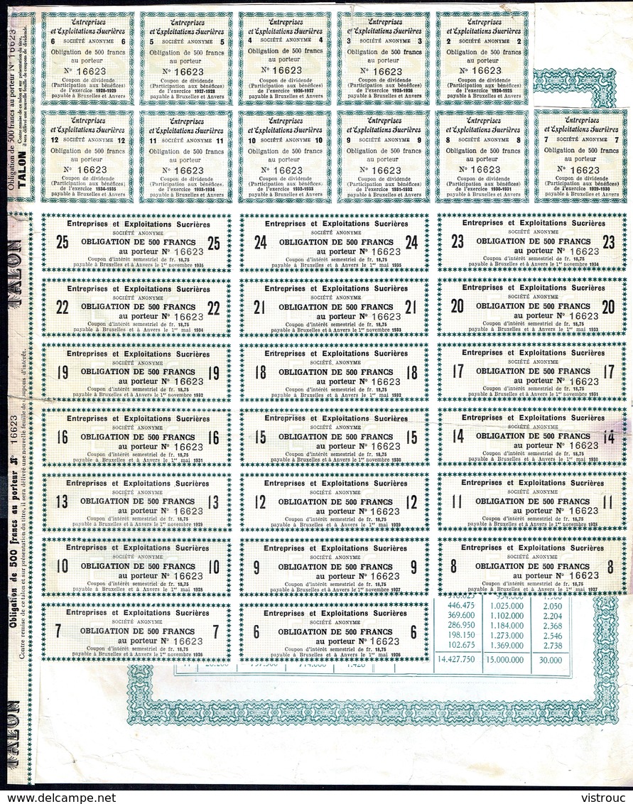 BE - Entreprises Et Exploitations Sucrières - - Obligation  De 500,- Fr Au Porteur - 30.000 EA - 1923. - Agriculture