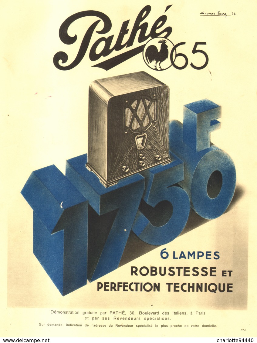 PUB RADIO  " PATHE 65  "   1934 ( 1 ) - Autres & Non Classés