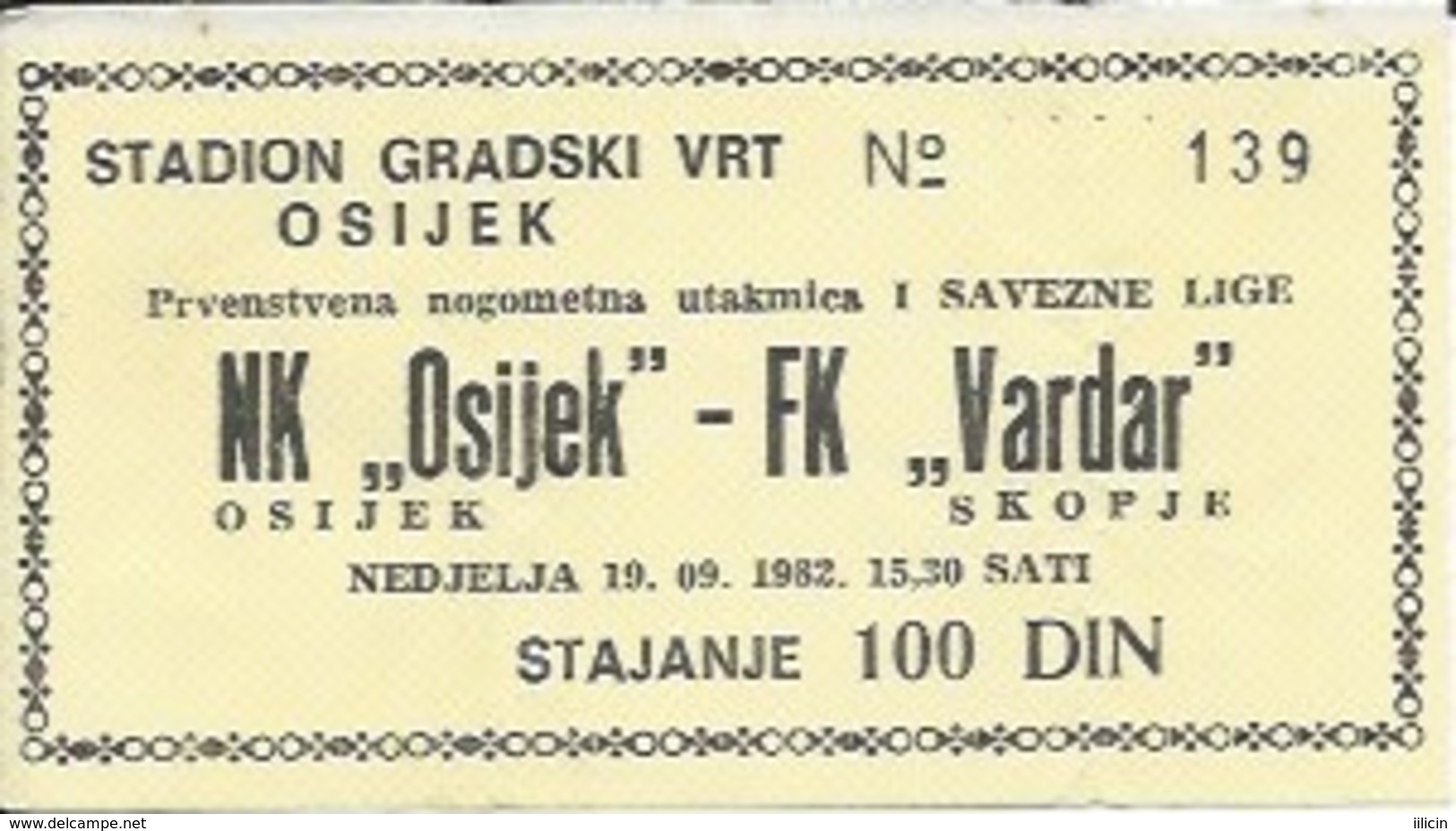 Sport Ticket UL000514 - Football (Soccer / Calcio) Osijek Vs Vardar Skopje: 1982-09-19 - Eintrittskarten