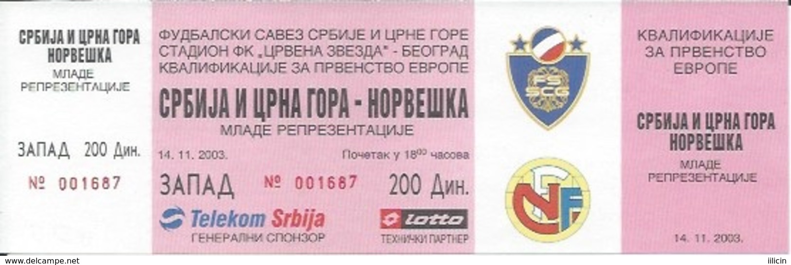 Sport Ticket UL000545 - Football (Soccer / Calcio) Serbia & Montenegro Vs Norway: 2003-11-14 - Eintrittskarten