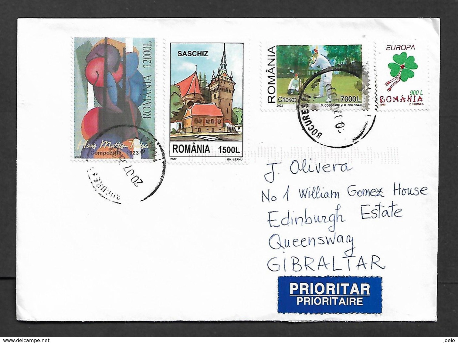 ROMANIA TO GIBRALTAR 2007 COVER TIED WITH DIVERSE STAMPS - Covers & Documents