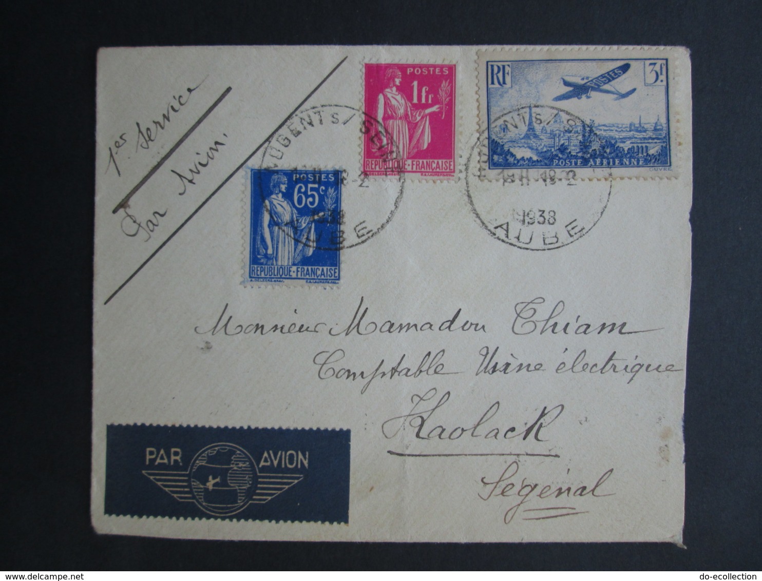 FRANCE Vers SENEGAL Lettre 1938 Timbre Poste Aérienne Nogent Sur Seine Aube Paris Avion - 1960-.... Lettres & Documents