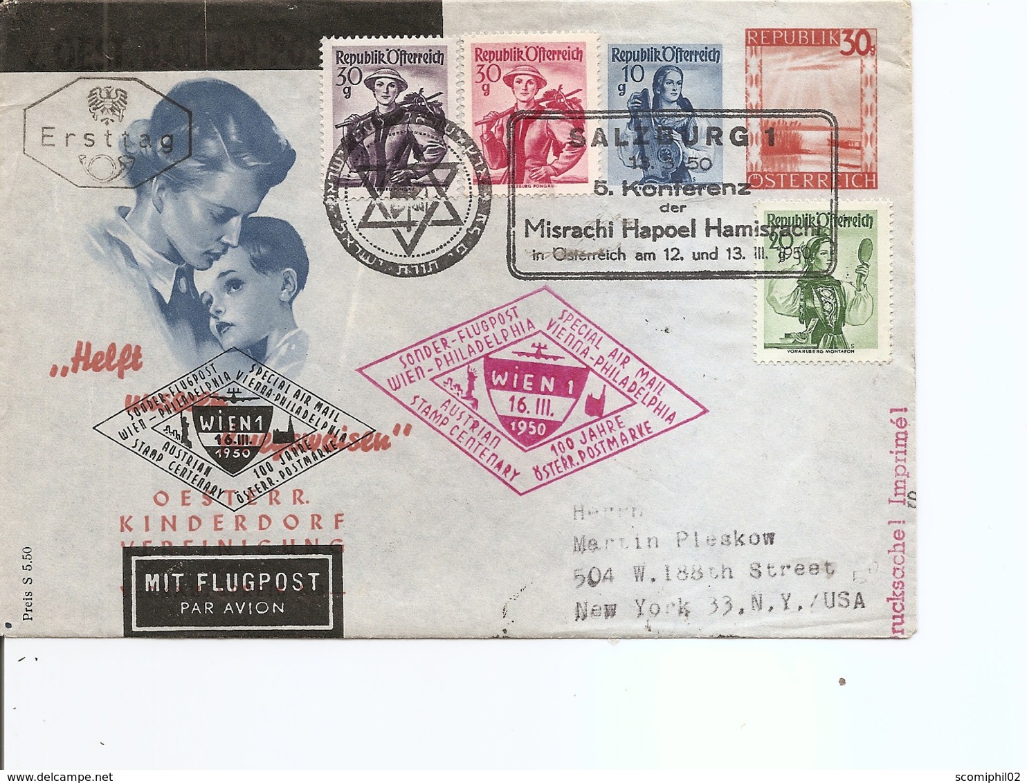 Autriche - Judaisme ( Lettre Premier Jour De 1950 De Salzbourg Vers Les USA à Voir) - Covers & Documents