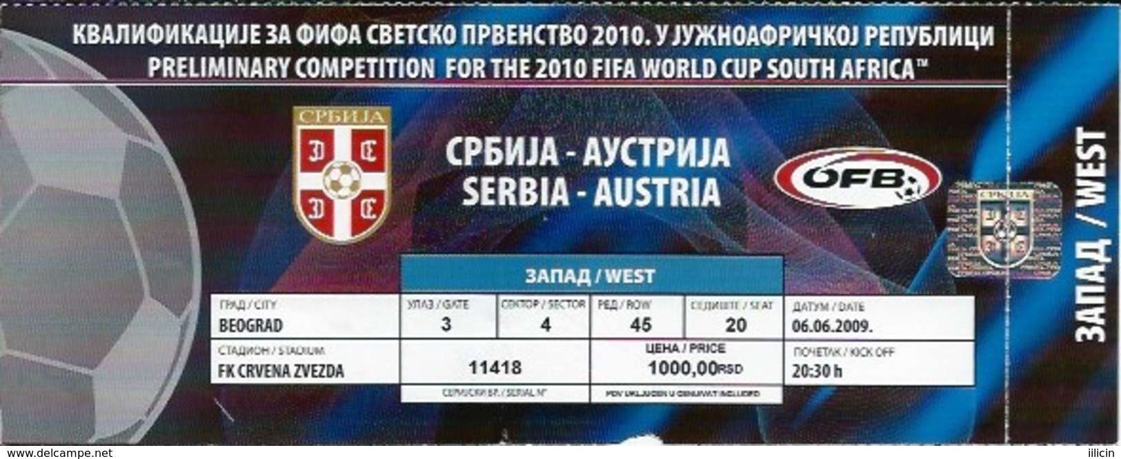 Sport Ticket UL000569 - Football (Soccer / Calcio) Serbia Vs Austria: 2009-06-06 - Tickets D'entrée