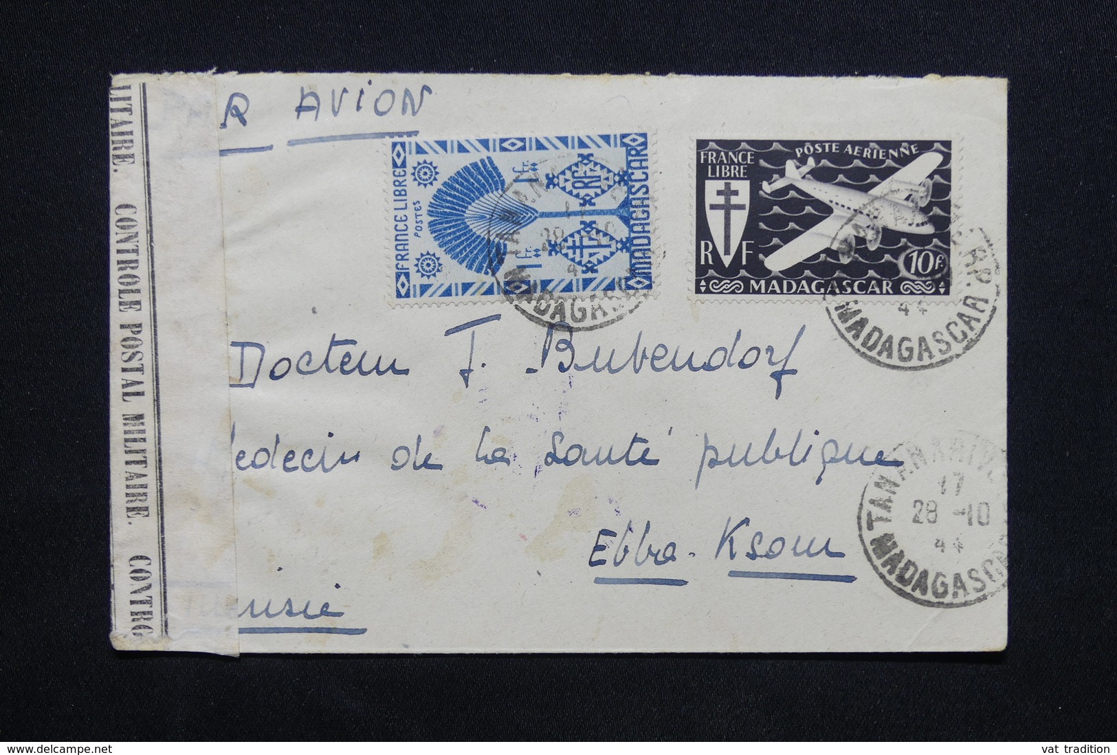 MADAGASCAR - Enveloppe De Tananarive Pour La Tunisie En 1944 Avec Contrôle Postal , Affranchissement Plaisant - L 24560 - Lettres & Documents