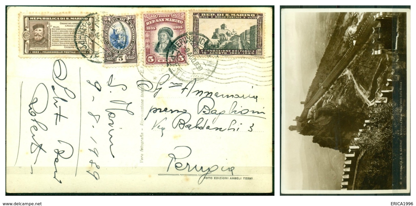 V6751 SAN MARINO 1939 Cartolina Illustrata Affrancata Con 4 Diversi Valori, 9.8.39 Per Perugia, Ottime Condizioni - Storia Postale