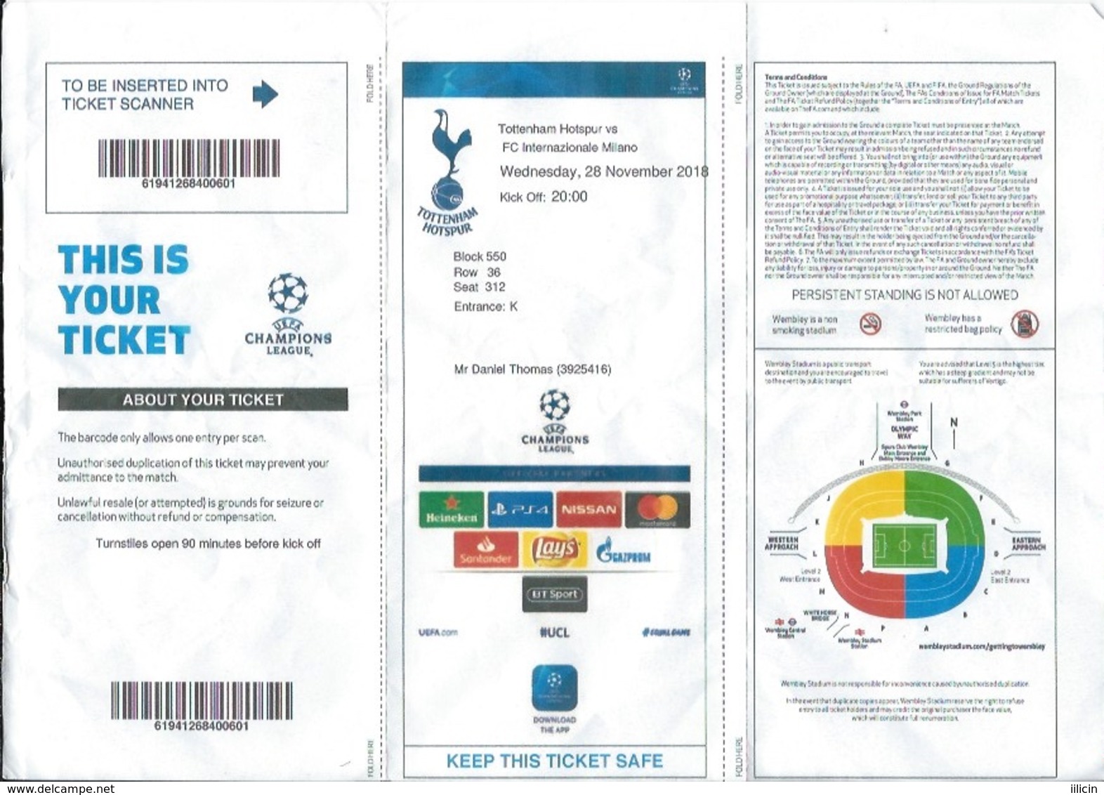 Sport Ticket UL000591 - Football (Soccer / Calcio) Tottenham Hotspur Vs Internazionale Milano: 2018-11-28 - Tickets D'entrée