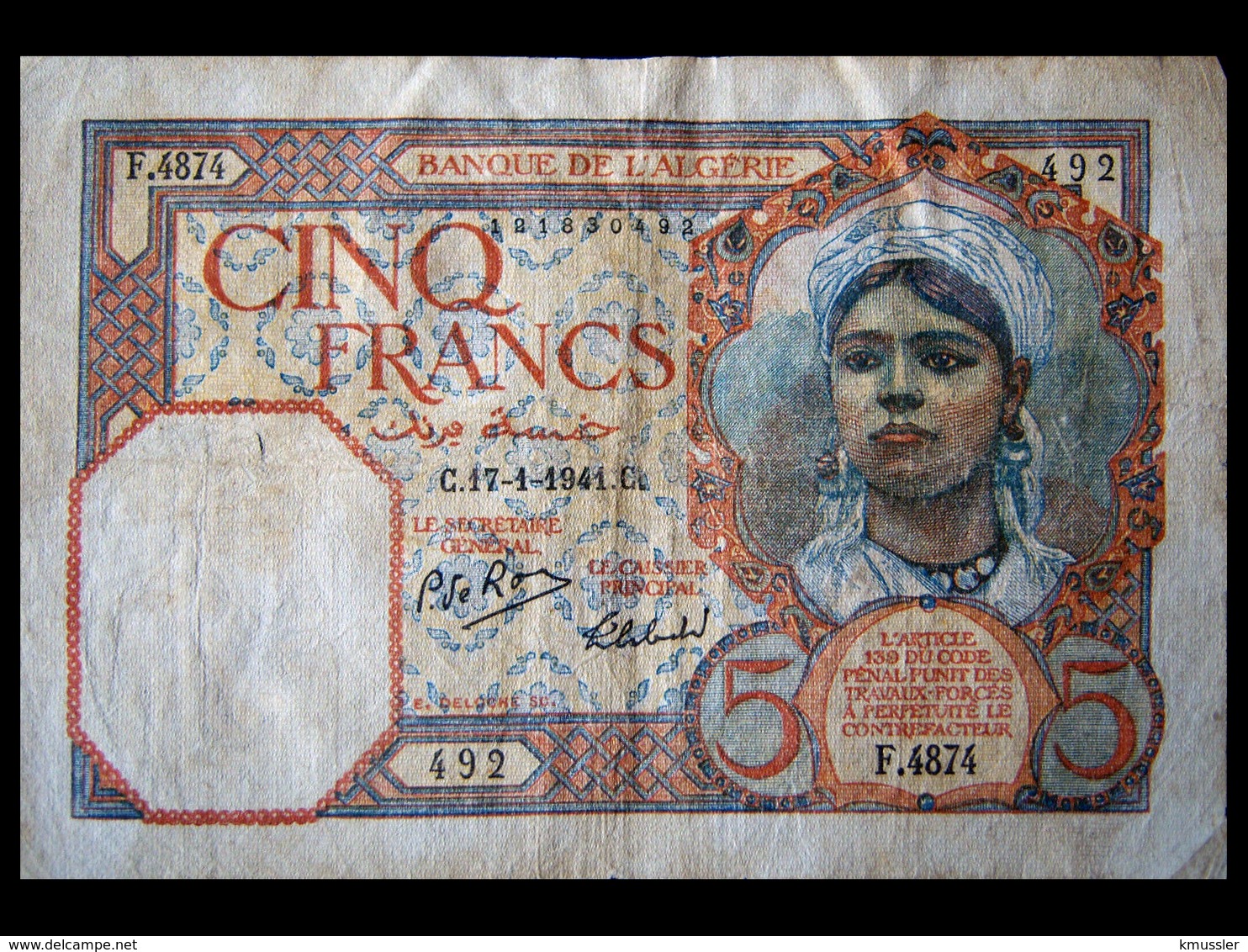 # # # Banknote Algerien (Algeria) 5 Francs 1941 # # # - Algerien