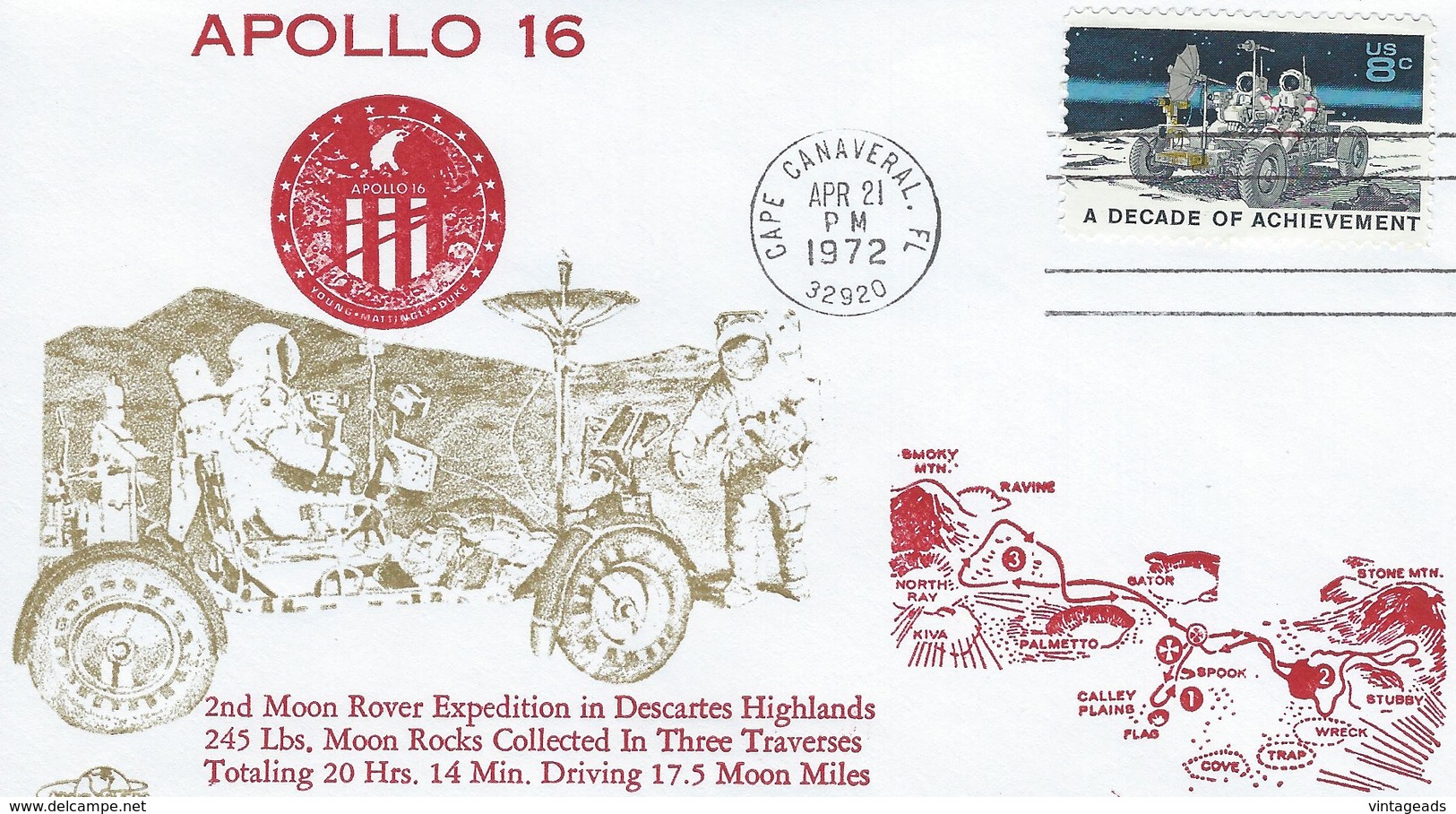 BM067 FDI/FDC Apollo-16, 8c USA, Stempel Cape Canaveral, 21.4.1972 - Autres & Non Classés