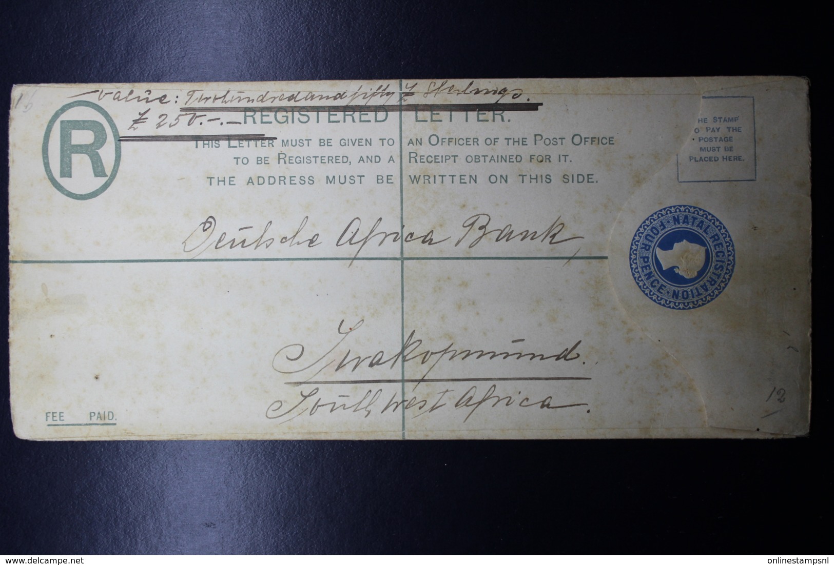 Natal  Reg Cover German Officer P. Maritzburg Declared Value -> SWA  HGC1a  QJR1B - Natal (1857-1909)