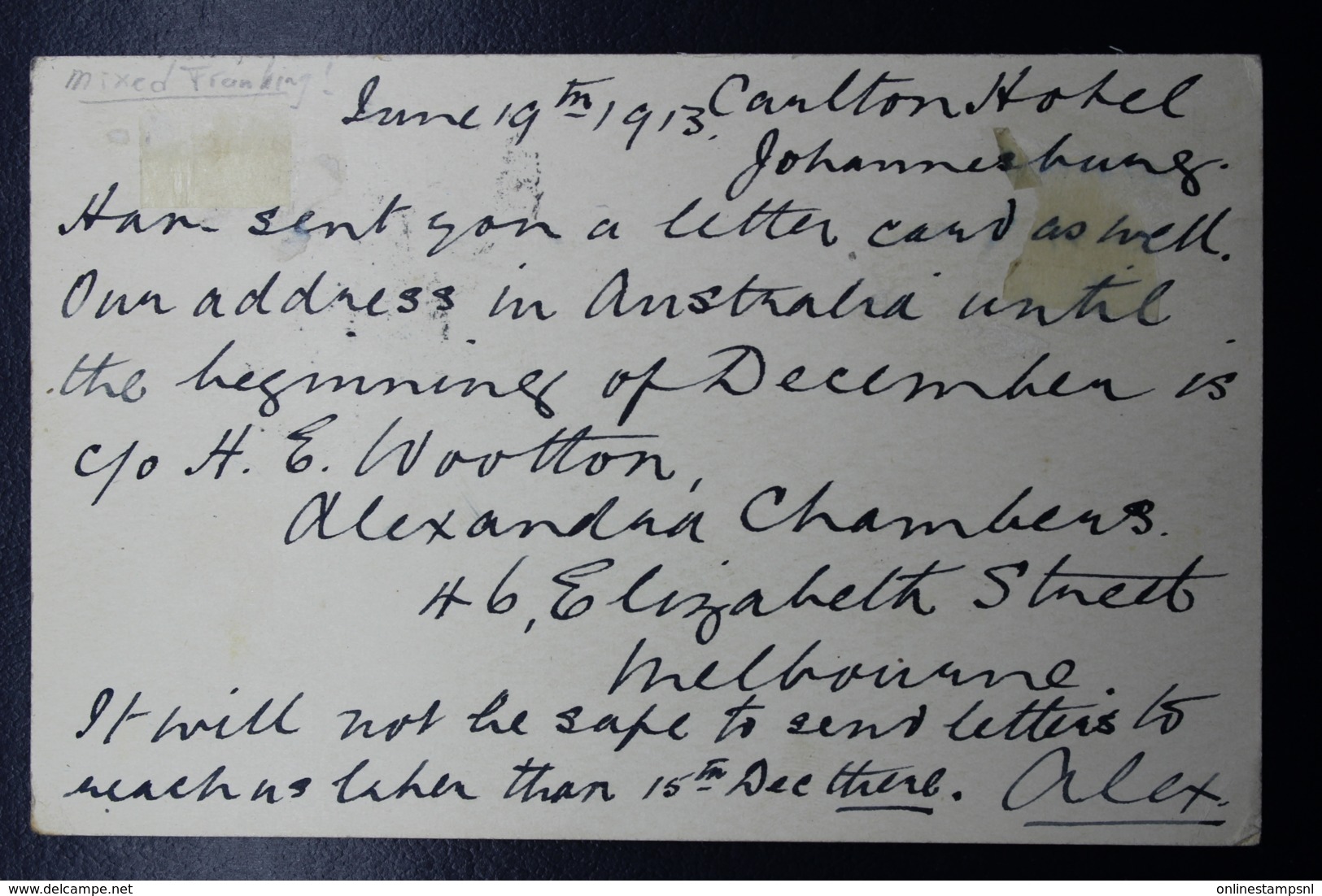 Orange Free Sate -> Transvaal Postcard  Interprovincial Uprated Johannesburg -> Vancouver 18-6-1913 - Oranje Vrijstaat (1868-1909)