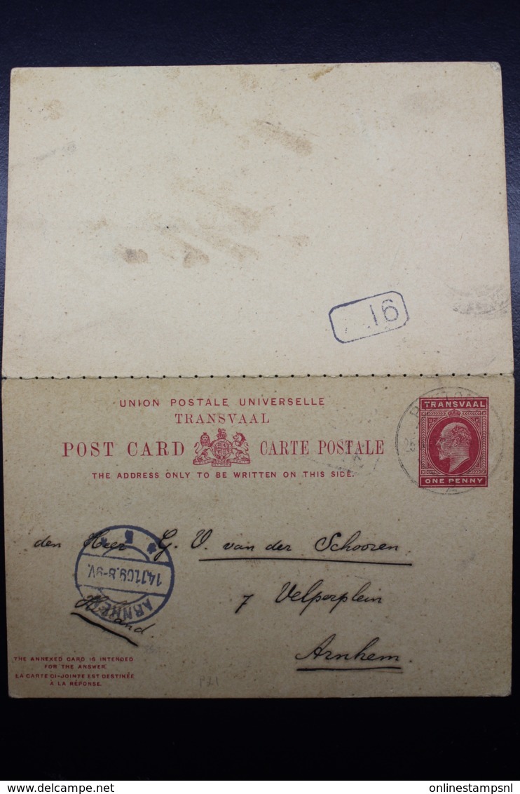 Transvaal Paid Answer Postcard  HG 14 Pretoria -> Arnhem Holland 24-10-1919 P21 - Transvaal (1870-1909)
