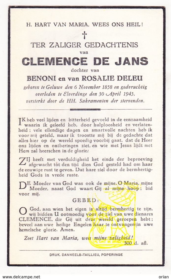 DP Clemence De Jans / Deleu ° Geluwe Wervik 1858 † Elverdinge Ieper 1945 - Images Religieuses