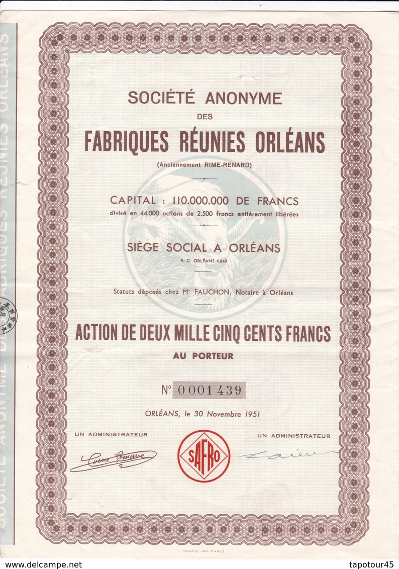T 5 /N=39 ) Actions & Titres Société Anonyme Fabriques Réunies Orléans	1951 - Autres & Non Classés