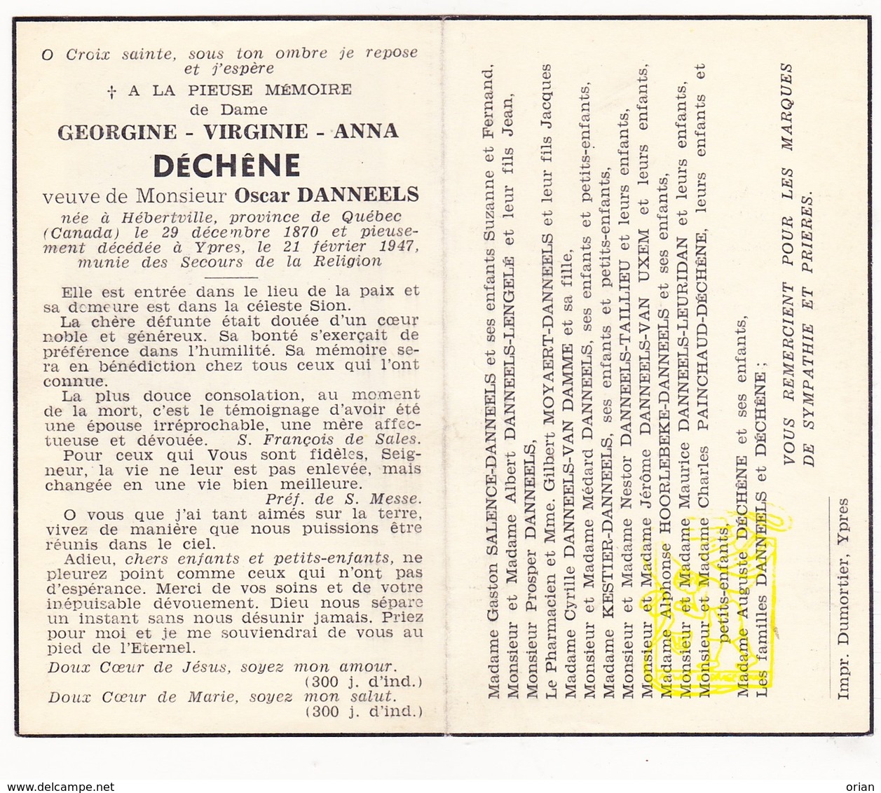 DP Georgine Virginie A Déchêne ° Hébertville Quebec CAN 1870 † Ieper BEL 1947 X Oscar Danneels / Salence Lengelé Moyaert - Images Religieuses