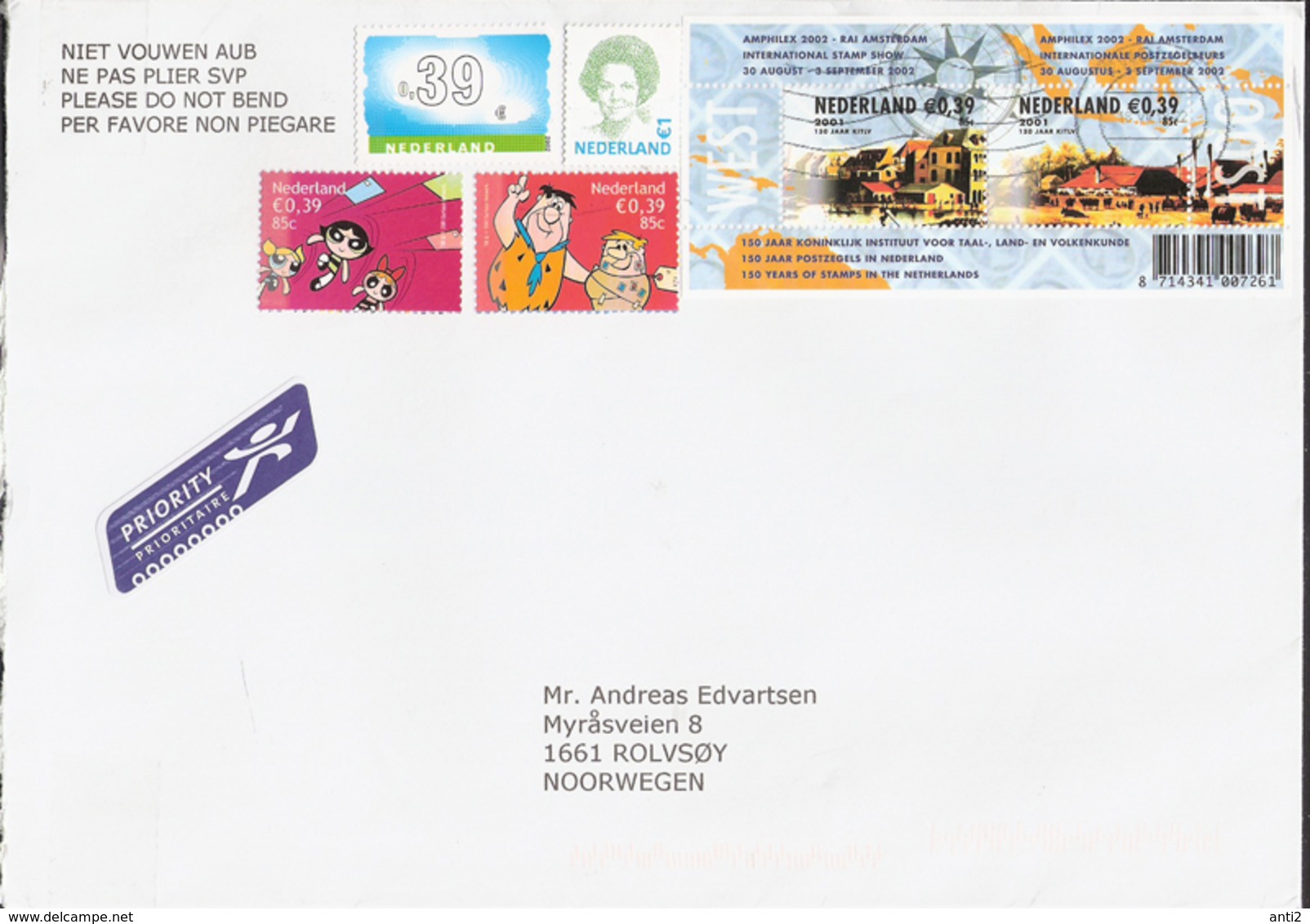 Netherlands 2001-2018 Four Stamps Comic + Bloc Internationale Briefmarkenausstellung AMPHILEX 2002,  Cover Cancelled - Briefe U. Dokumente