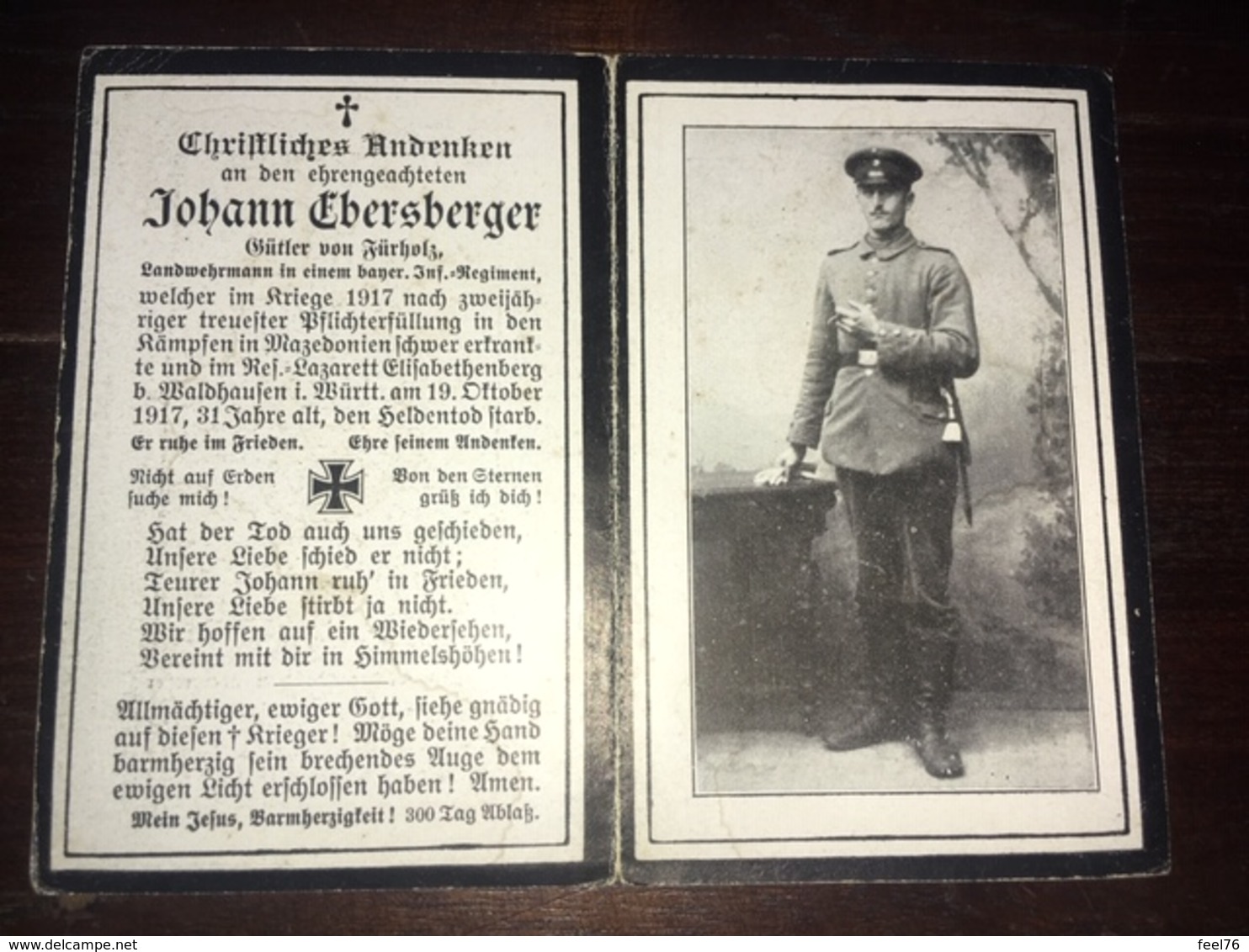 Sterbebild Wk1 Ww1 Bidprentje Avis Décès Deathcard Mazedonien ELISABETHENBERG Bei Waldhausen 19. Oktober 1917 Fürholz - 1914-18