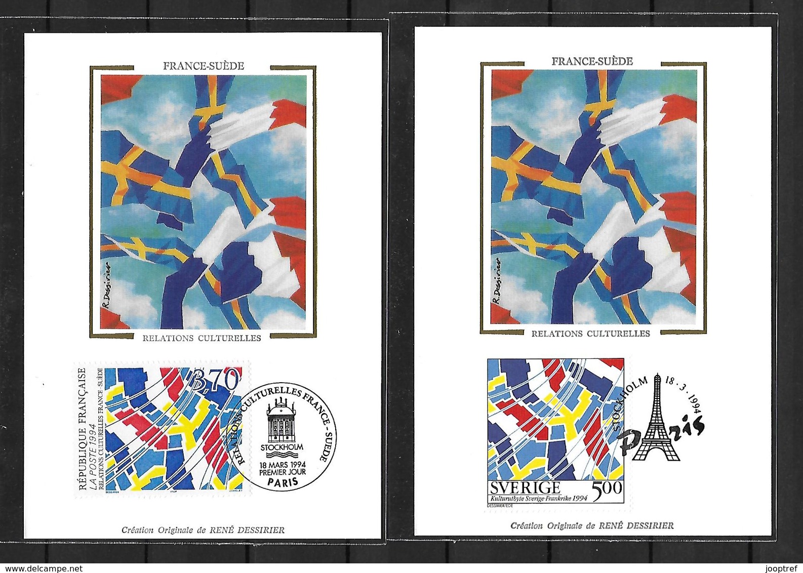 1994 Joint/Commune France And Sweden, BOTH FDC MAXIMUM CARDS: Cultural Relations - Emissions Communes