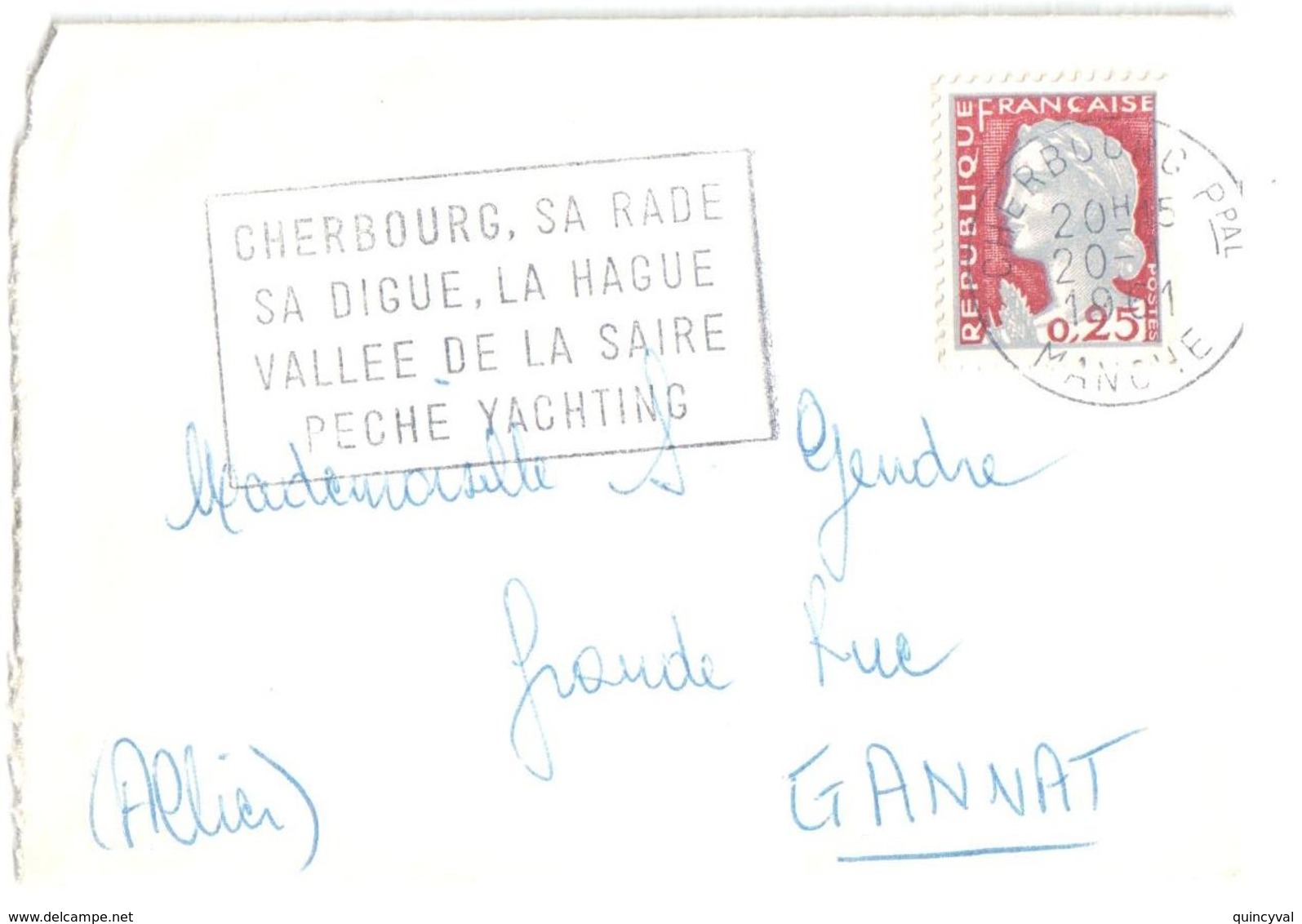 CHERBOURG Manche Enveloppe Carte De Visite Mignonnette Ob 1961 25 C Decaris Yv 1263 - Lettres & Documents