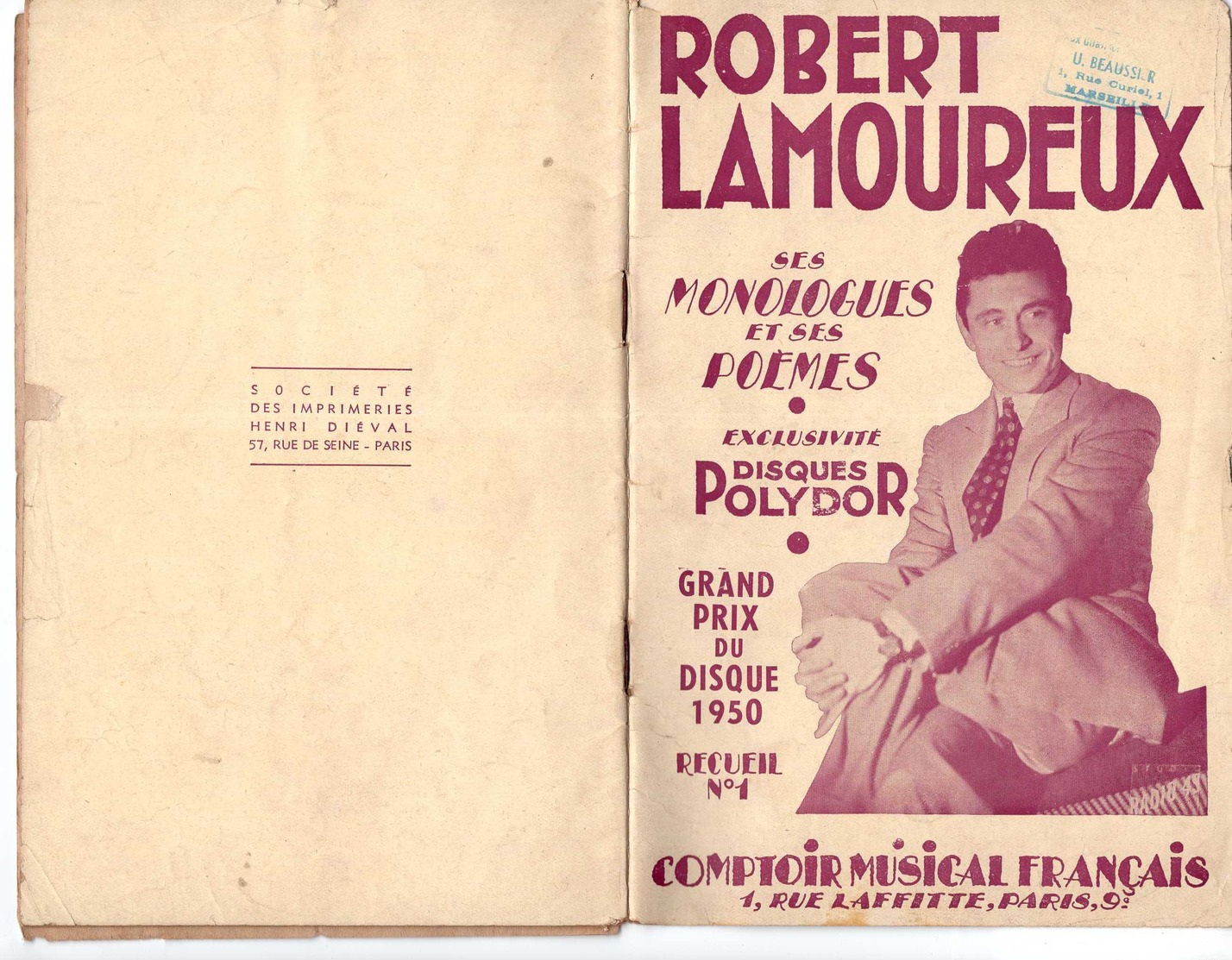 40 60 ROBERT LAMOUREUX PARTITION MONOLOGUES ET POËMES PRIX DU DISQUE 1950 RECUEIL N°1 1951 - Autres & Non Classés