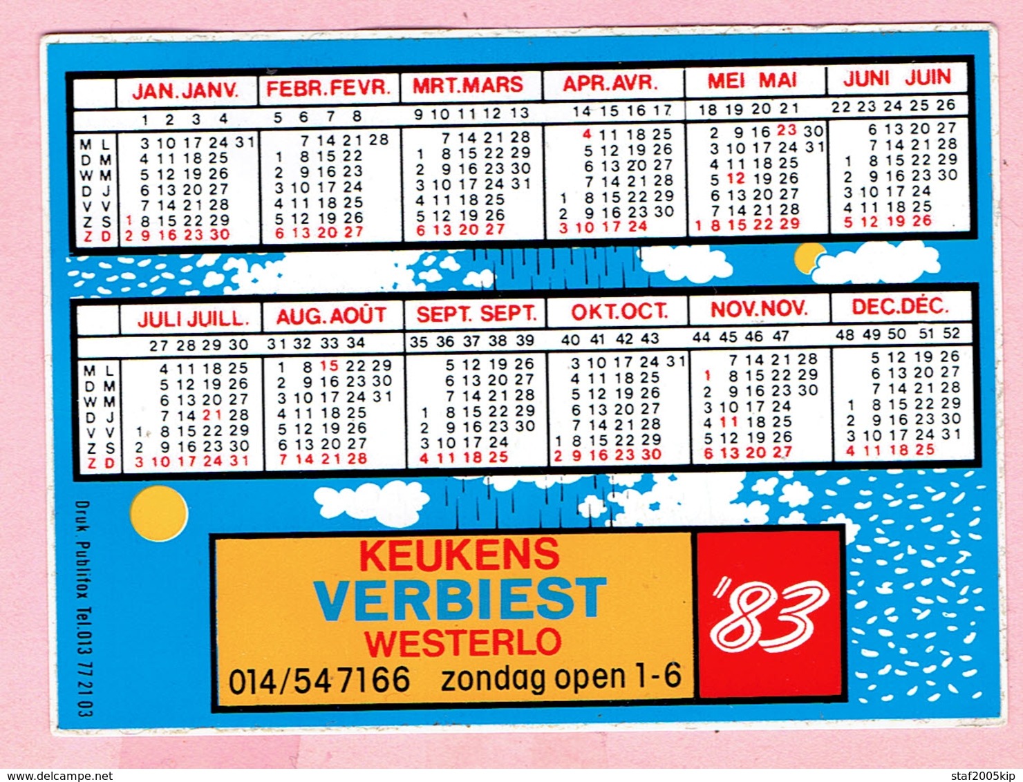 Sticker - Jaarkalender 1983 - Keukens VERBIEST - Westerlo - Autocollants