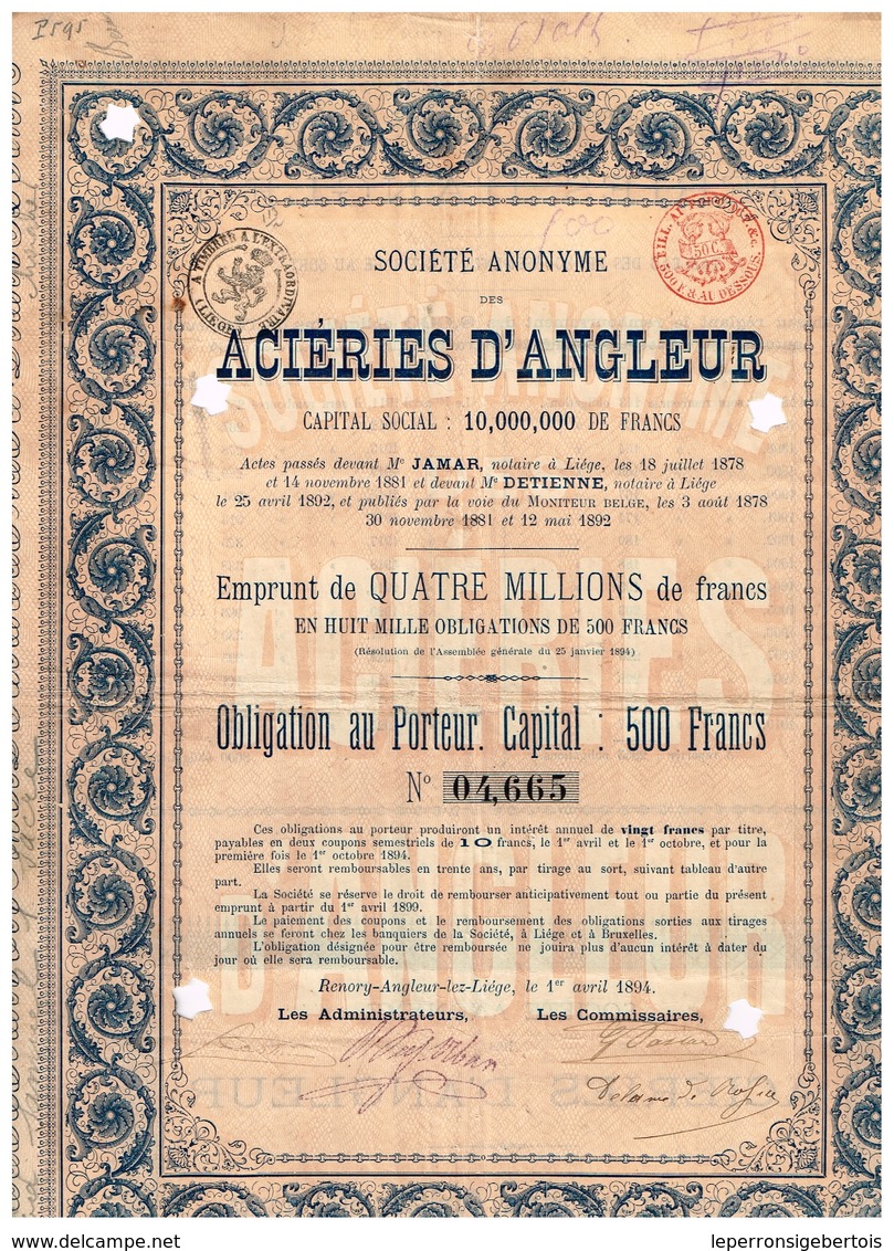 Titre Ancien - Société Anonyme Des Aciéries D'Angleur - Titre De 1894 - - Industrie