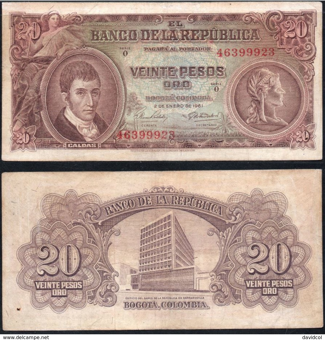 COLOMBIA - 1961- VEINTE PESOS  ( $ 20 ) - CIRCULATED. CONDITION 5/10 - Colombie