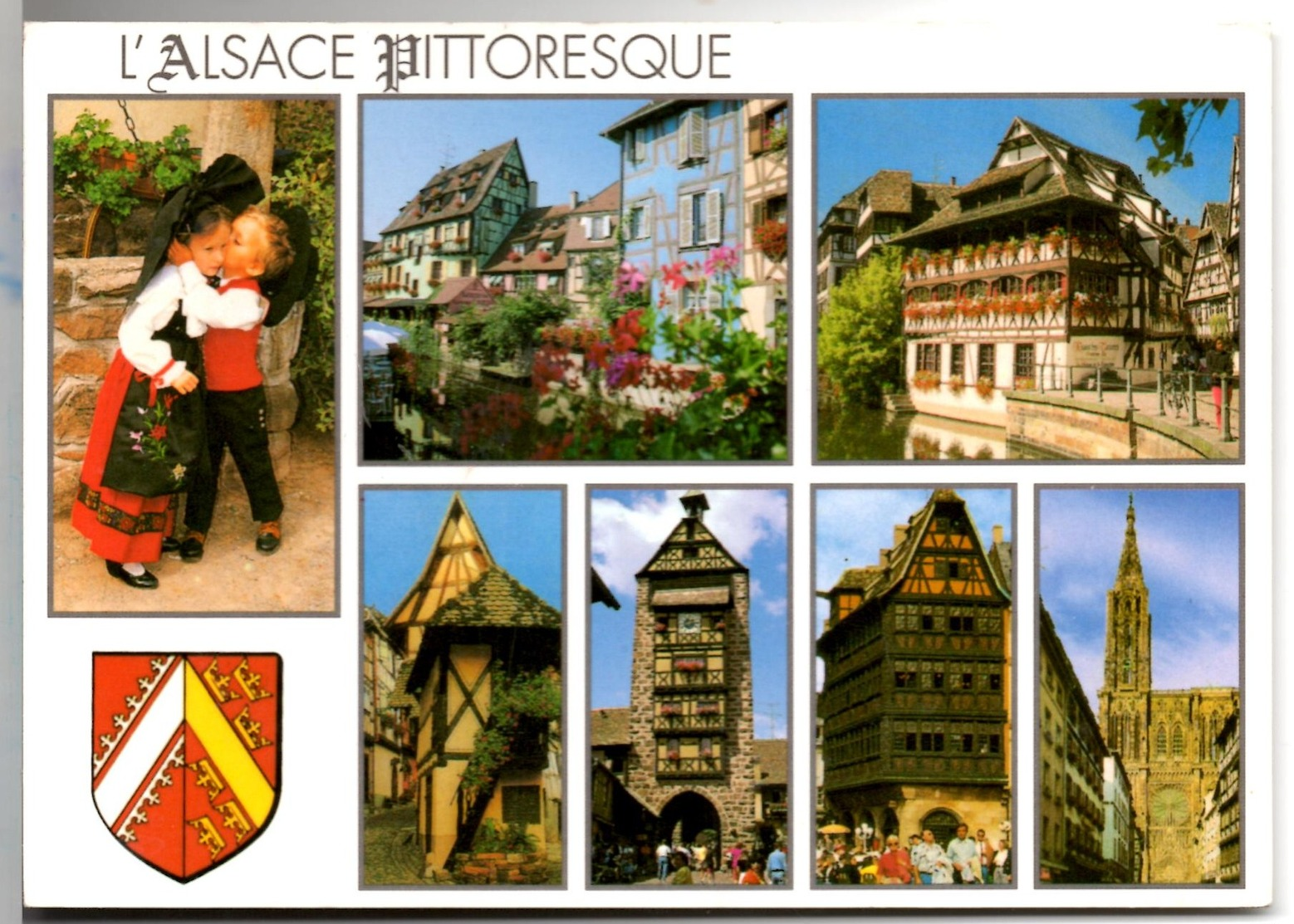**L'ALSACE PITTORESQUE & BLASON ** Enfants Costume Folklorique MultiVues (Colmar, Strasbourg, Riquewihr Eguisheim) NEUVE - Autres & Non Classés