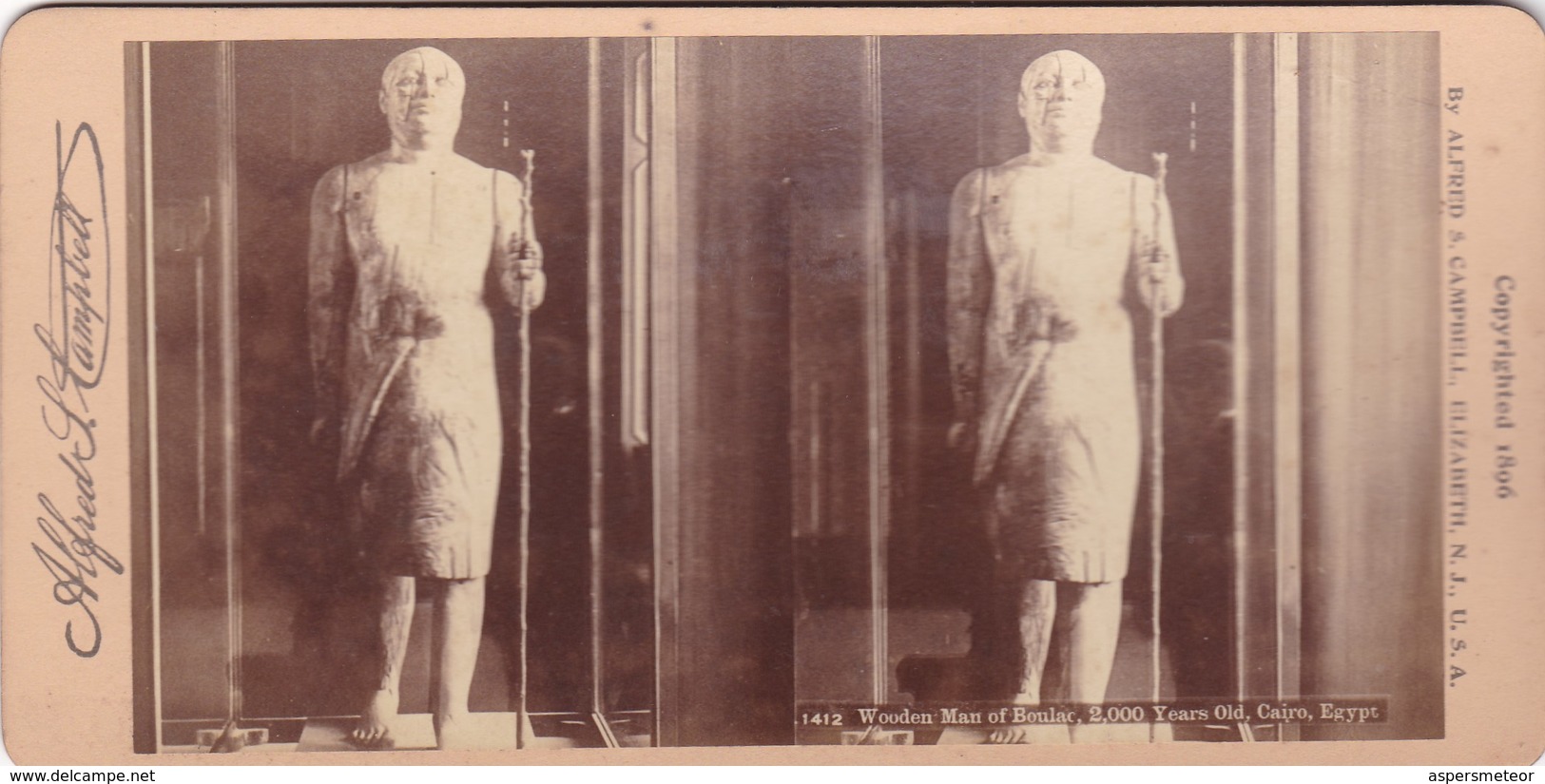 WOODEN  MAN OF BOULAC 2000 Y.O. CAIRO, EGYPT. ALFRED S. CAMPBELL. STEREOSCOPIC PHOTO. YEAR 1806 SIZE 18x9cm - BLEUP - Photos Stéréoscopiques