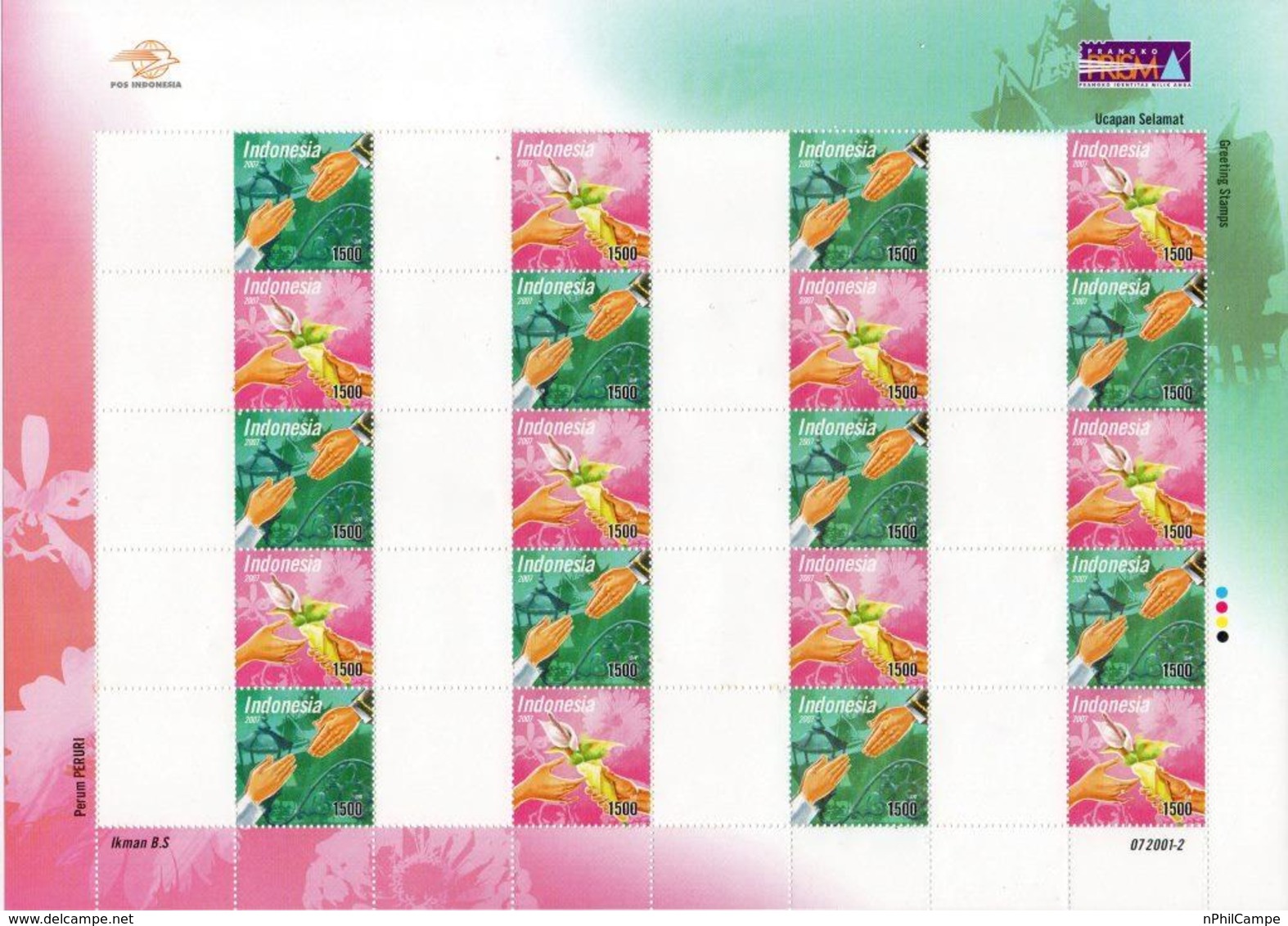 #4- Indonesia Personalized Stamp Sheet. PRISMA, Greeting 2007 Unused/blank  Rare - Indonesien