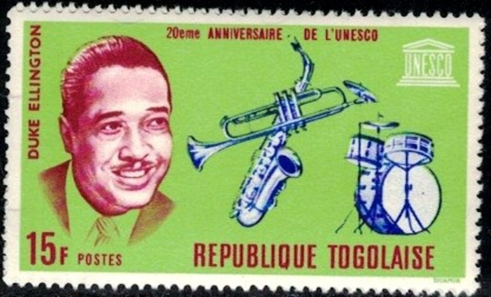 UNESCO, Duke Ellington, Saxophone, Trumpet, Drums, Togo Stamp SC#601 Mint - Togo (1960-...)