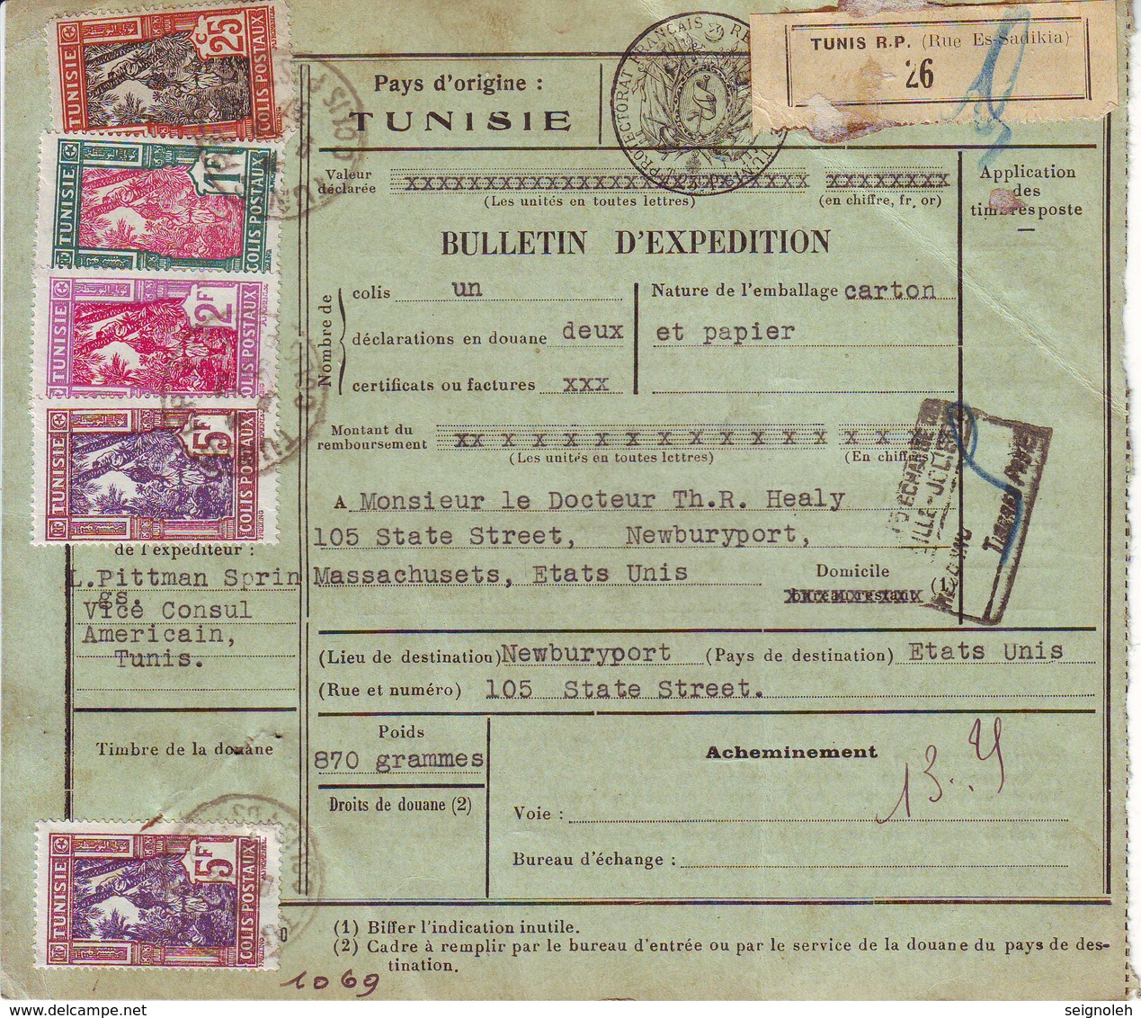 Bulletin De Colis Postaux Tunisie Pour Les USA Destination RARE !!!!! - 1921-1960: Période Moderne