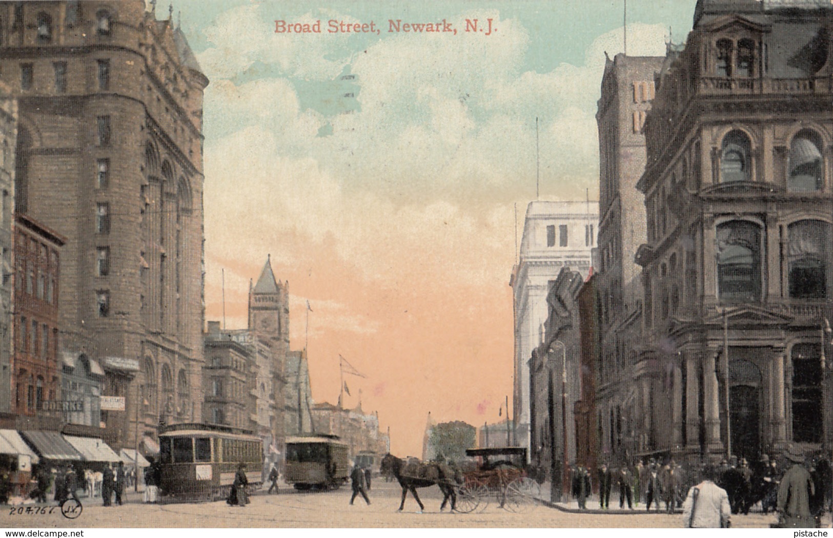 Vintage 1908 - Newark New Jersey NJ USA - Broad Street - Horses Tramway Animated - Stamp Postmark - 2 Scans - Otros & Sin Clasificación