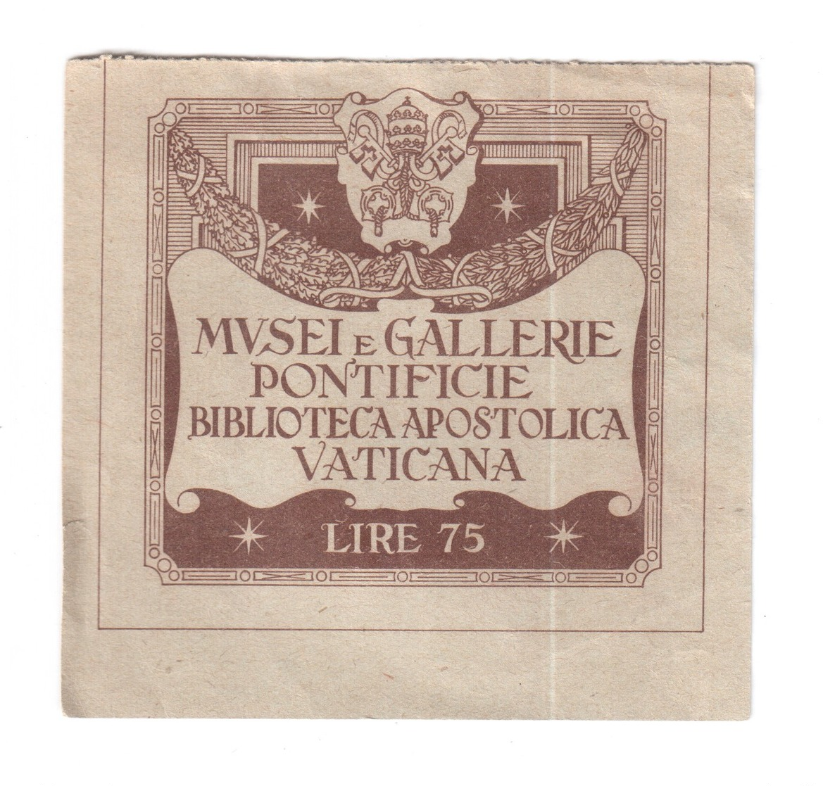 BIGLIETTO INGRESSO ROMA MUSEI VATICANI ANNI 50 LIRE 75 ORIGINALE RIF. B1 - Biglietti D'ingresso